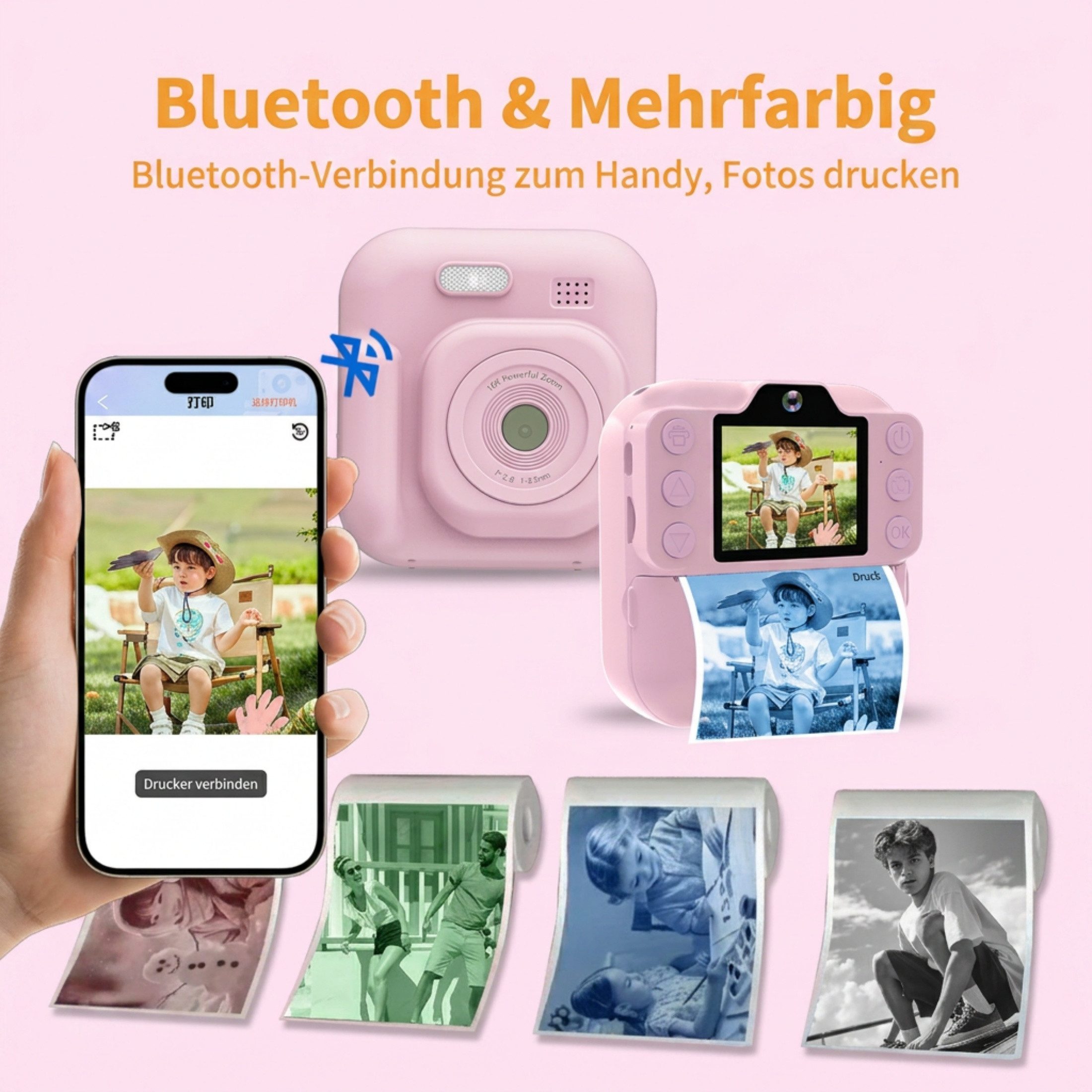 Blossom Kinder Sofortbildkamera Druckfunktion 1080P Digitalkamera Kinderkamera (48 MP, inkl. Videoaufnahme, DIY Graffiti, Spiele und Bluetooth 5.3, Dual Kamera mit Stickerpapier 2.0 Zoll IPS Bildschirm)