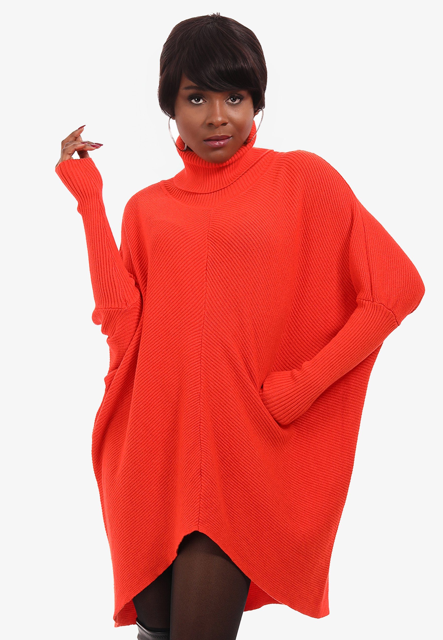 YC Fashion & Style Longpullover Strickpullover asymmetrisch Plus Size mit Rollkragen (1-tlg) in Unifarbe, mit überschnittenen Schultern lachsrot