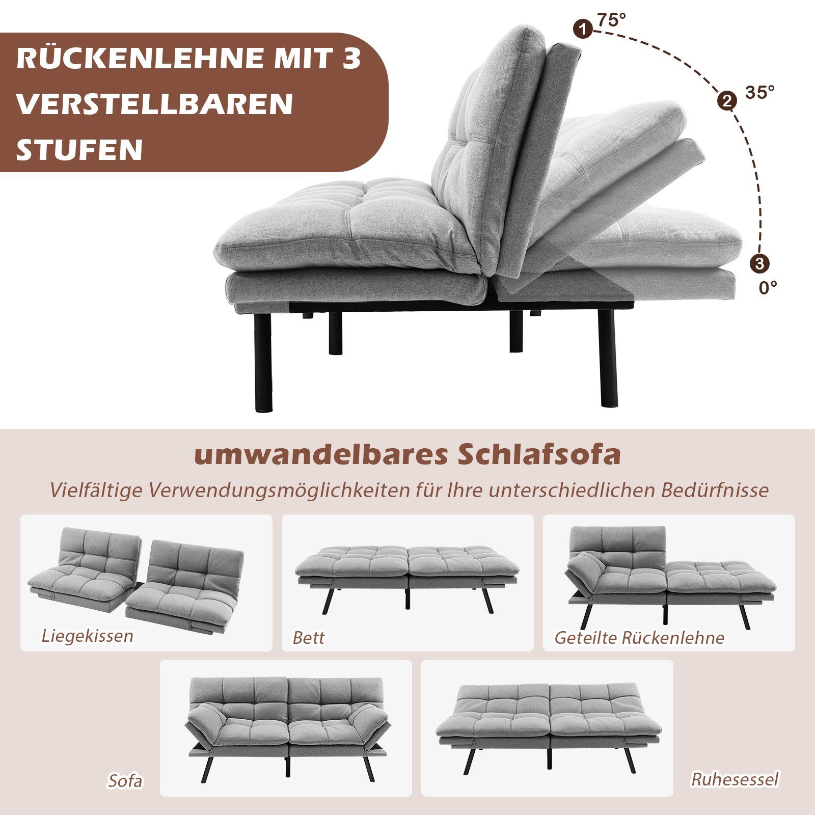COSTWAY Schlafsofa, Klappbar, mit Bettfunktion & Matratze, umwandelbar, 182cm