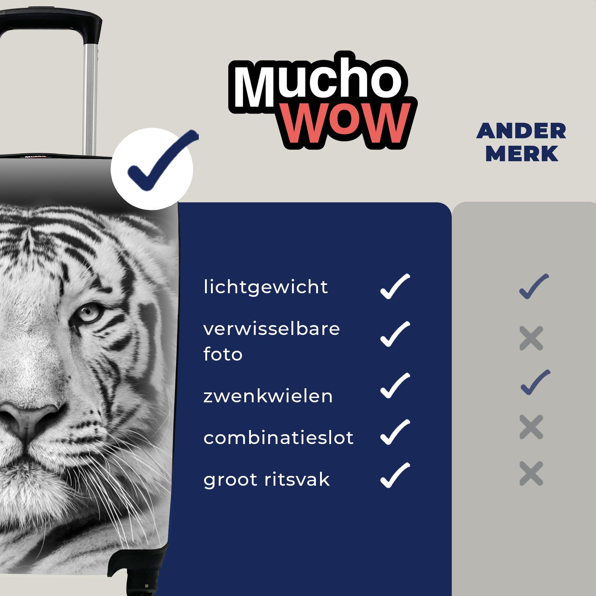 Handgepäckkoffer MuchoWow - - Tiere, Rollen, Handgepäck 4 rollen, - für - Reisetasche mit Ferien, Porträt Reisekoffer Tiger Schwarz Trolley, Weiß