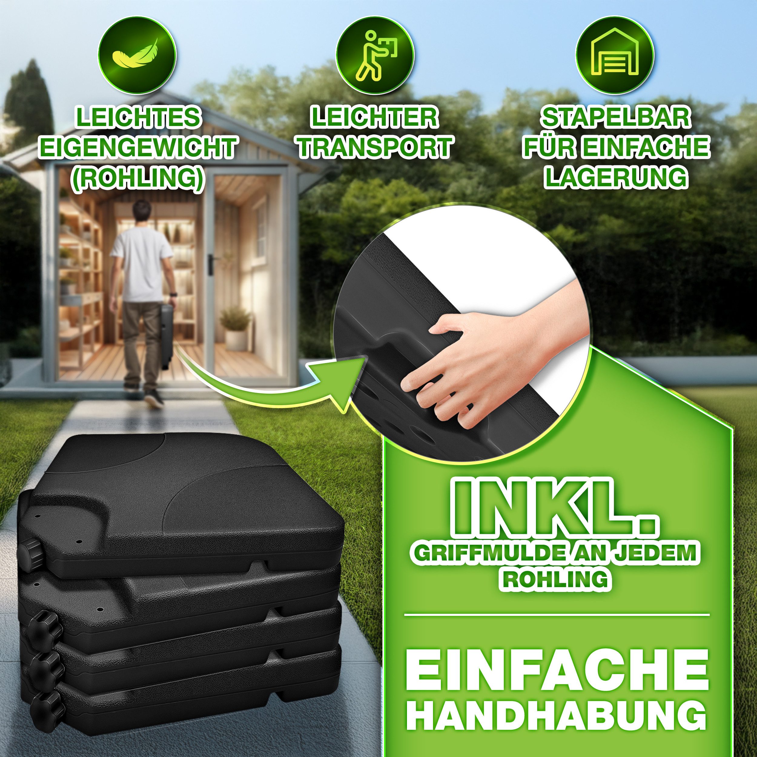 tillvex Sonnenschirm tillvex® Sonnenschirmständer 60L / 80kg Schirmständer Schirmgewicht, Schirmständer Ampelschirmständer wetterfest, inkl. Metallverbinder Schirmgewicht befüllbar, Sonnenschirmständer 60 Liter / 80 kg – 4-teilig für Ampelschirm