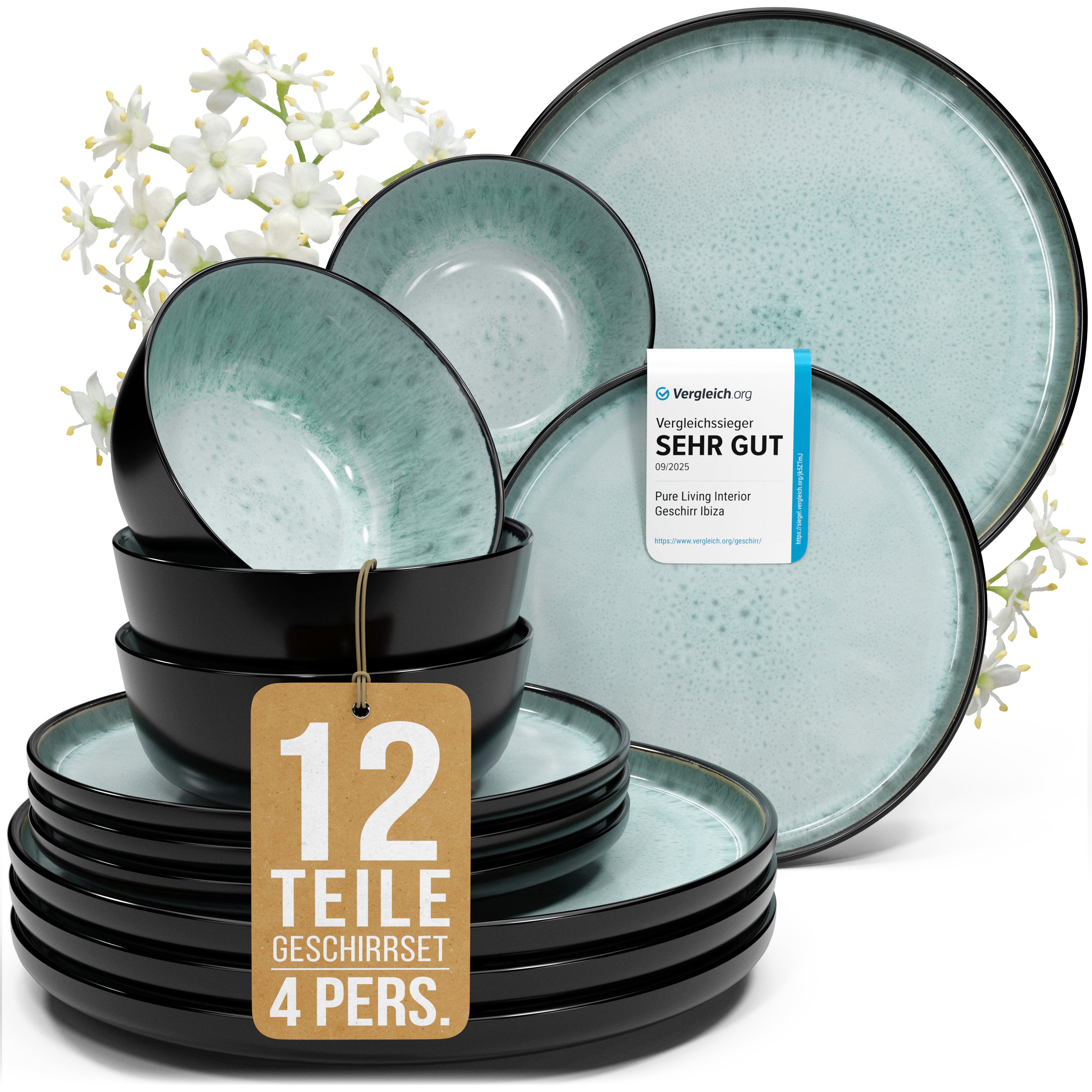 PURE LIVING INTERIOR DESIGN Geschirr-Set Pure Living »Ibiza« (12-tlg), 4 Personen, Steingut, Salbeigrün, 4 Personen, Steingut, Mediterrane Handwerksoptik, Reaktive Glasur – jedes Stück einzigartig…