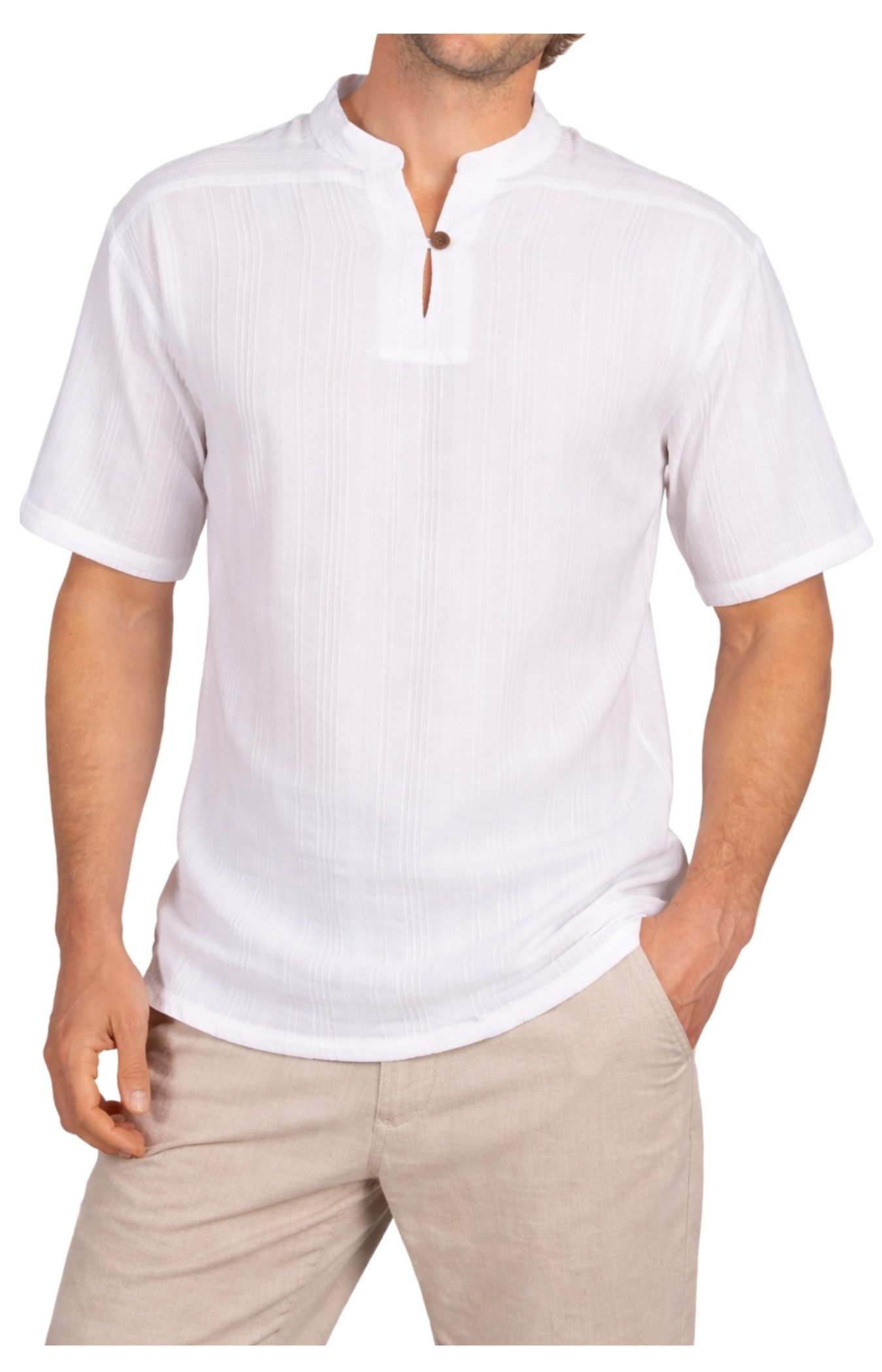 Kurzarmhemd Fischerhemd Herren - Fisherman Shirt aus 100% Baumwolle ohne Kragen