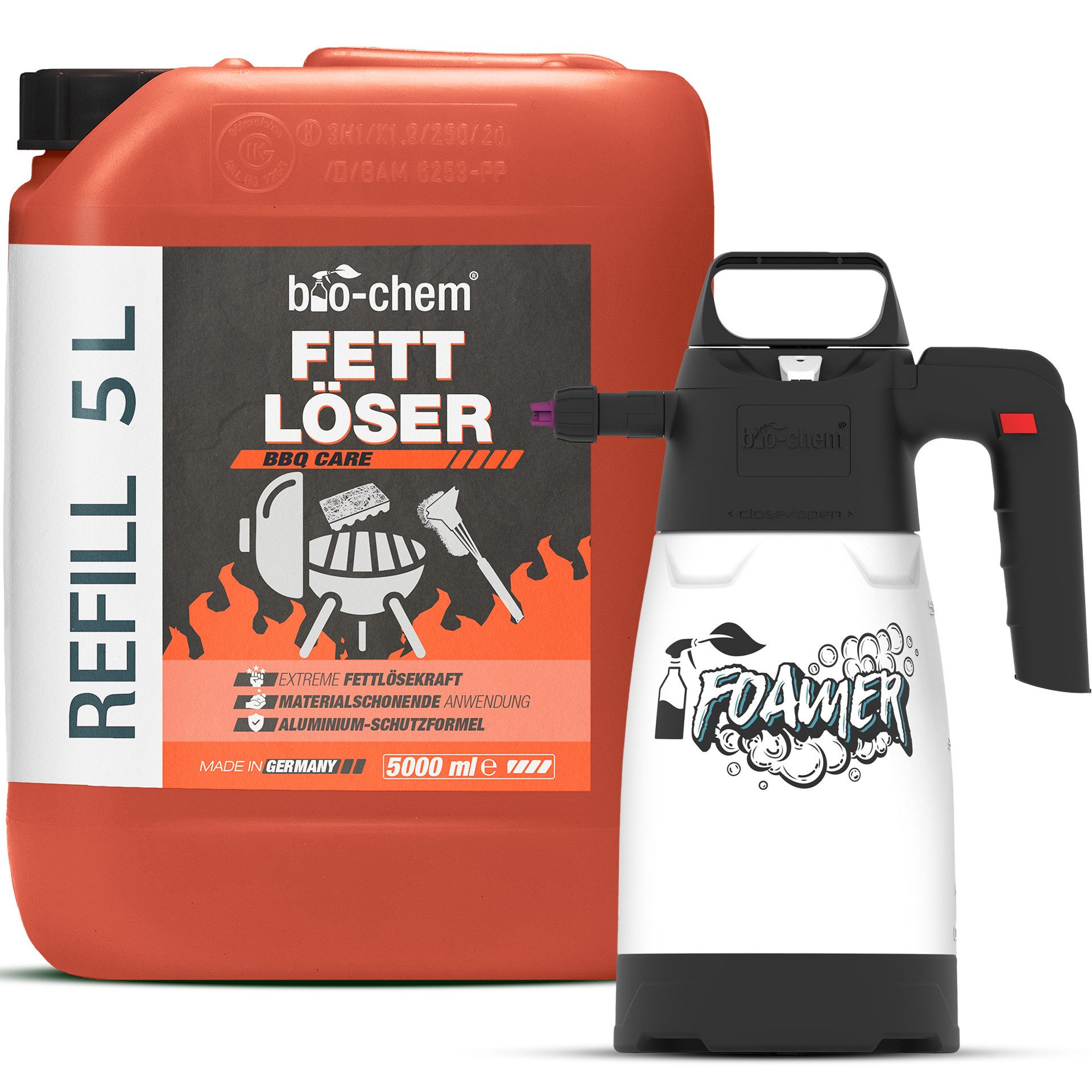 bio-chem BBQ Cleaner Grillreiniger (Sparpaket, [- Fettlöser 5 l Kanister + 1.25 l Schaumsprüher Materialschonend & lebensmittelecht)