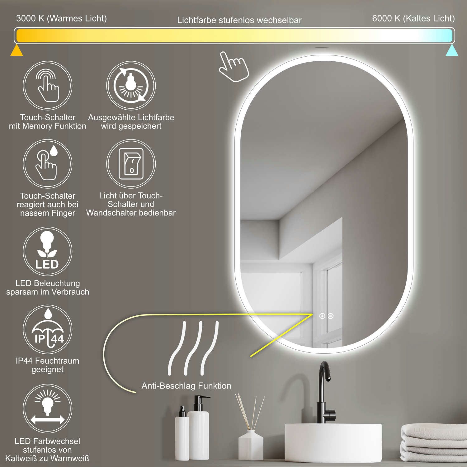 HOKO Badspiegel LED Design Antibeschlag Wandspiegel günstig online kaufen