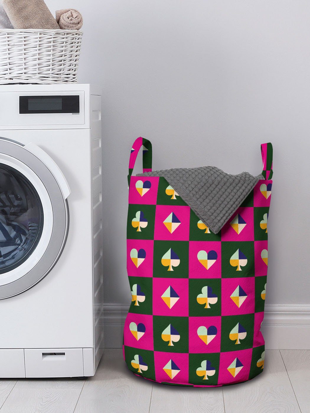 Abakuhaus Wäschesäckchen Wäschekorb mit Griffen Fuchsie für Waschsalons, Karten-Anzugs-Schachbrett Kordelzugverschluss