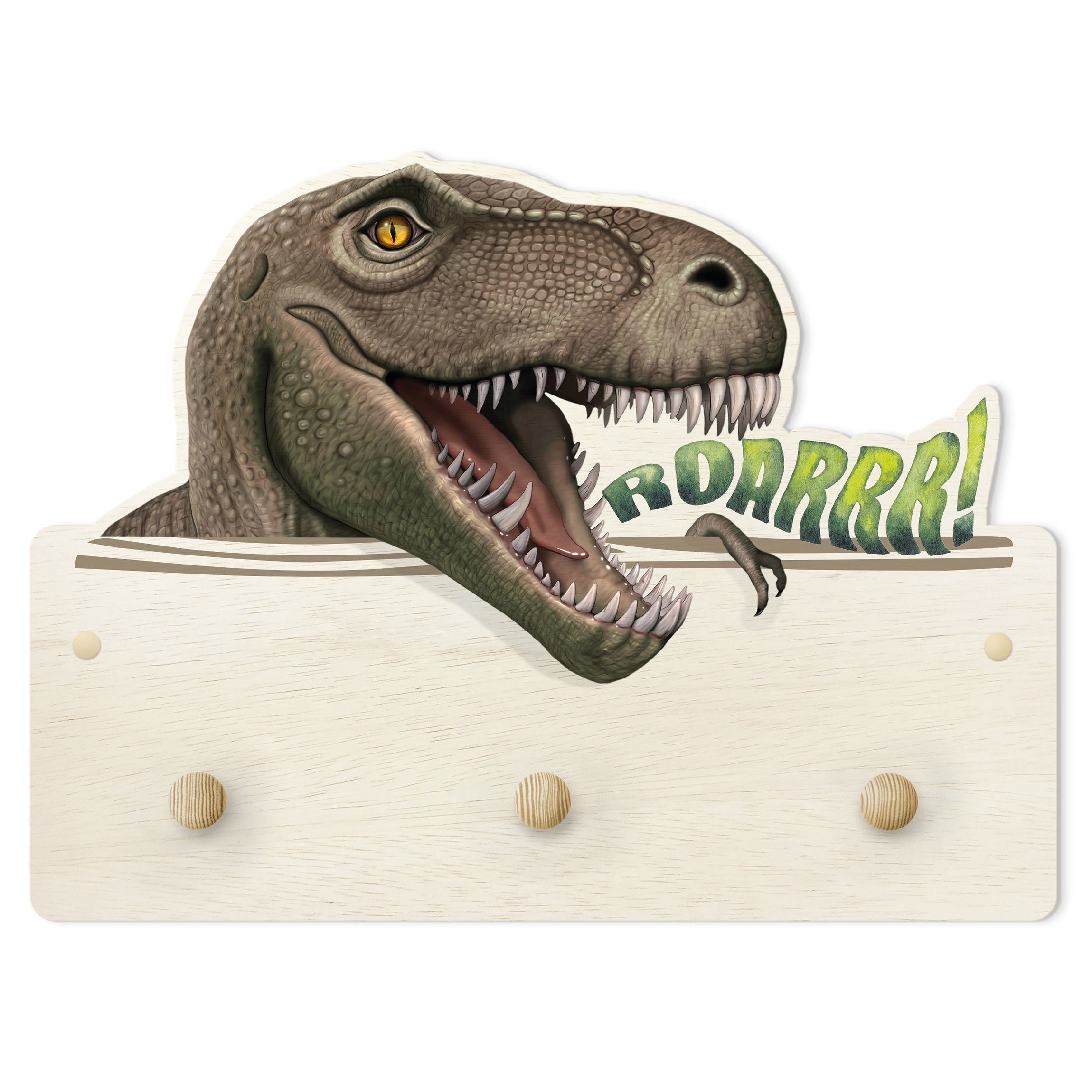 Bilderdepot24 Garderobenpaneel grün 3D-Optiken Tiere Dinosaurier T Rex (Kindergarderobe holz Kleiderhaken für die Wand inkl. Montagematerial), moderne Wand Garderobenleiste Flur - kleine Hakenleiste Kinderzimmer