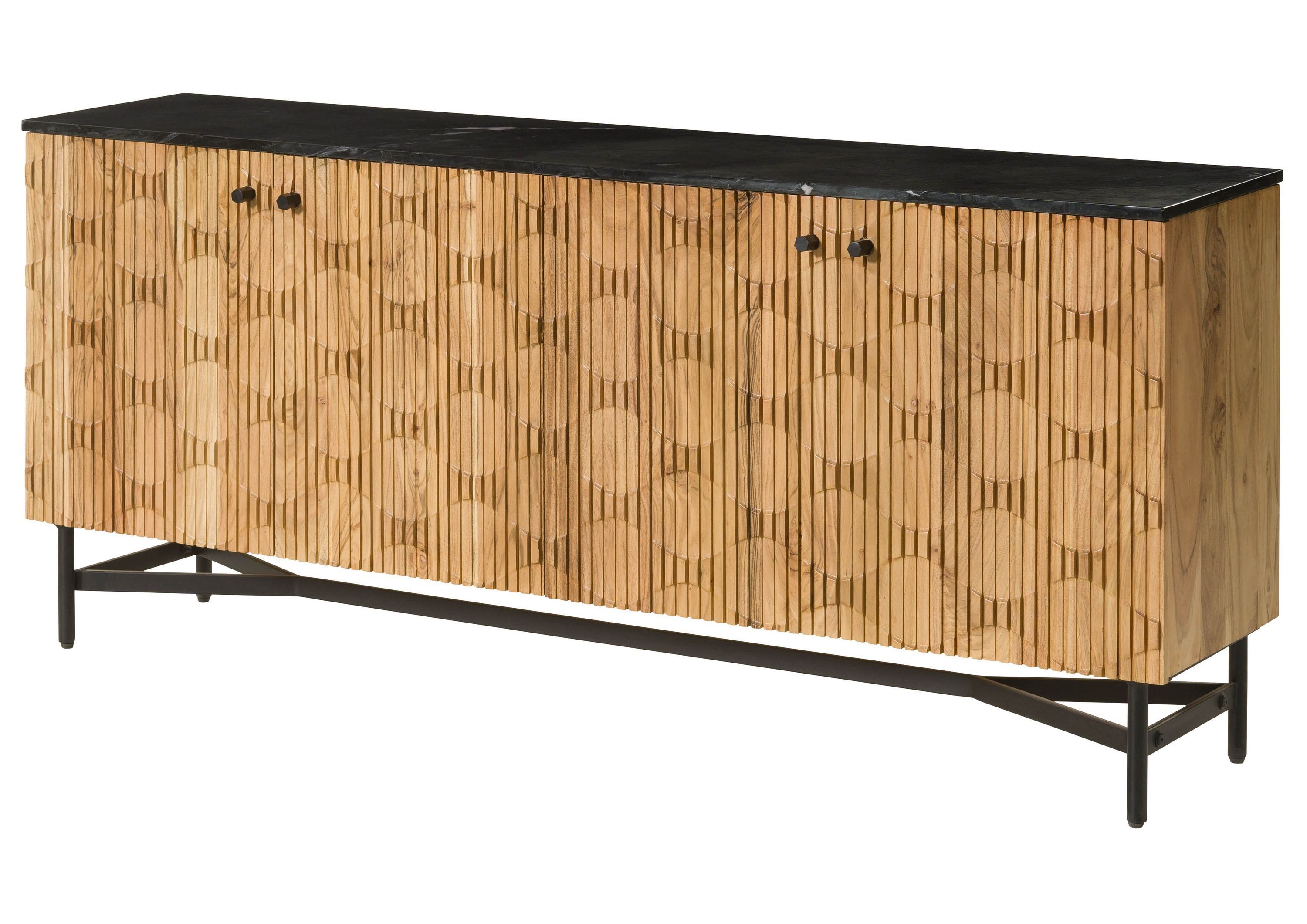 Massivmoebel24 Sideboard (Massivholz), Akazie 180x40x76 natur lackiert / Marmor schwarz LONDON #101