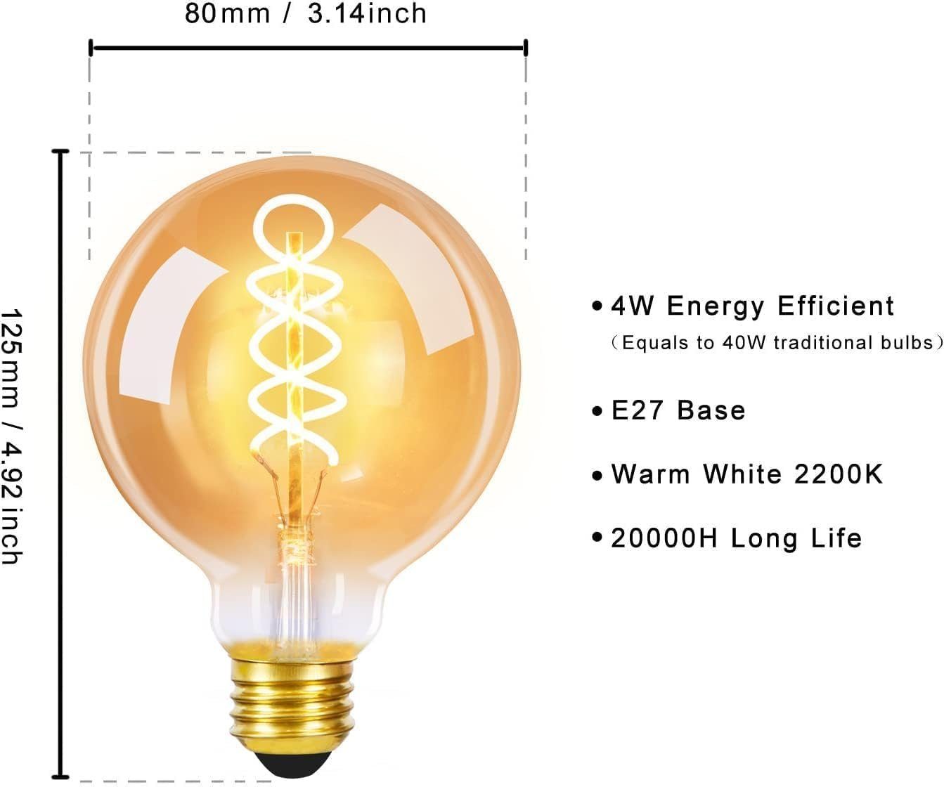 Kugel 3 St., Retro G80 Globelampen LED-Leuchtmittel Warmweiß 4W, E27, Birne Filament Glühbirne ZMH Glühlampe, Edison Dekorative 2200K-3500K,