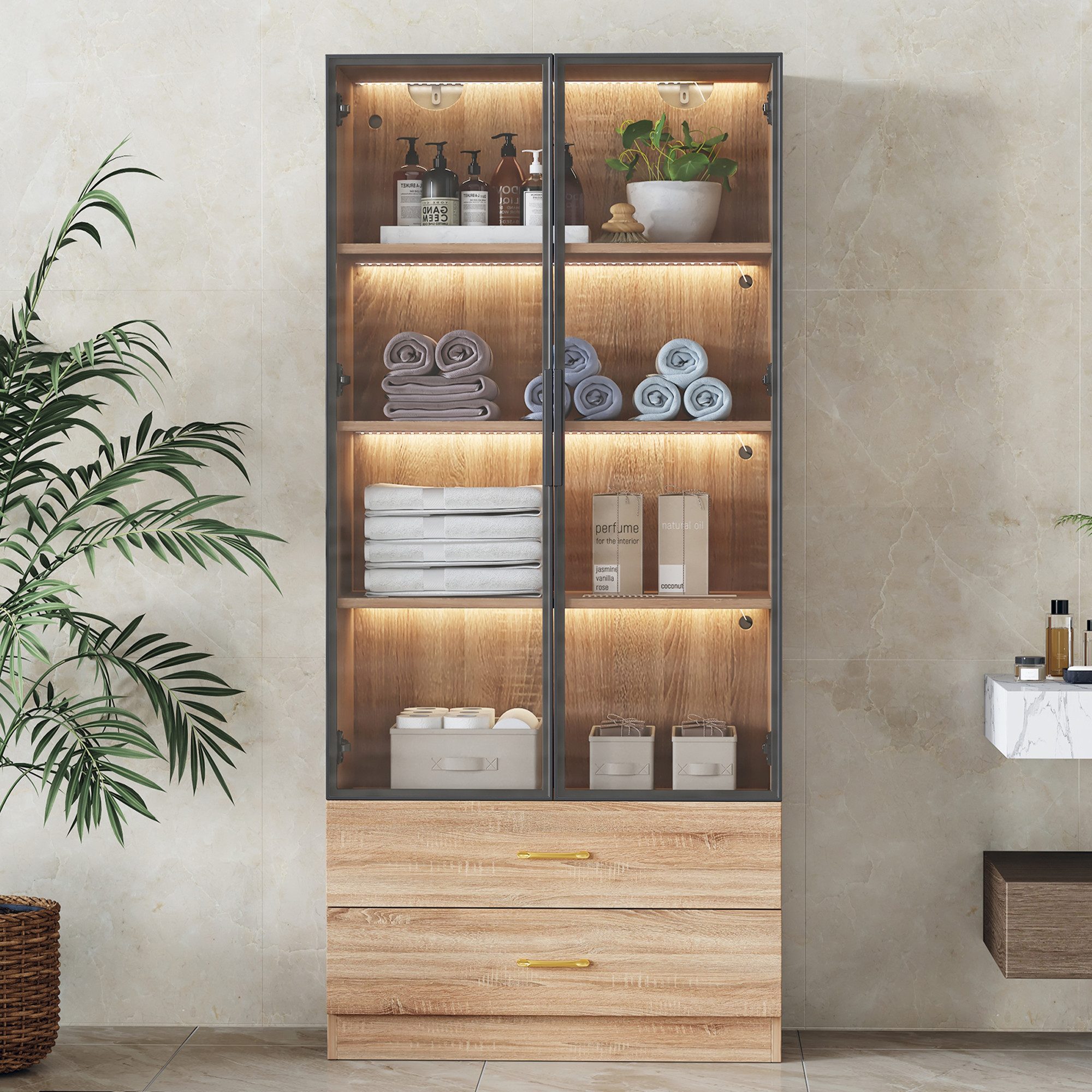 Flieks Vitrine mit LED-Beleuchtung, 2 Glastüren und 2 Schubladen (1-St) Sta günstig online kaufen