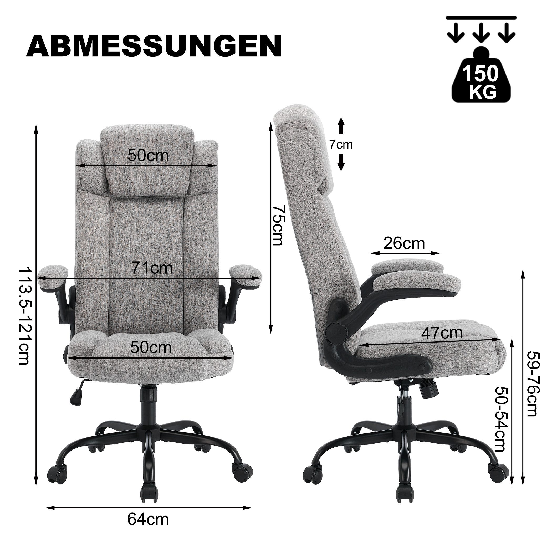 LIYURUI Bürostuhl Ergonomischer 150KG Belastbarkeit Chefsessel Stoff Flip-u günstig online kaufen
