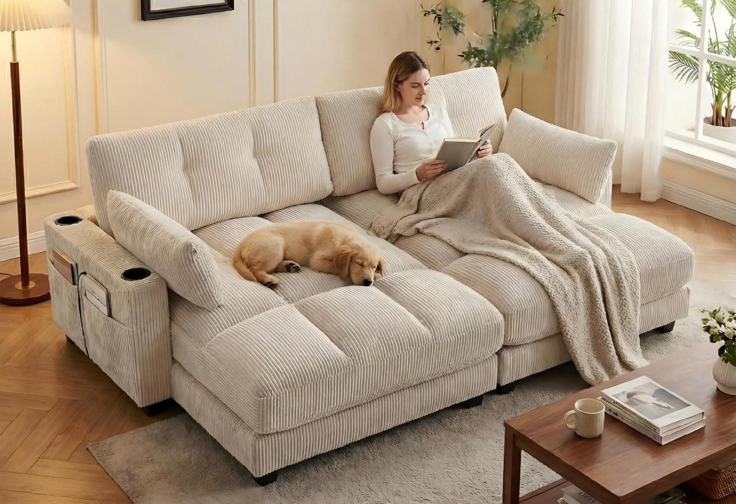LVHOM Polsterliege Ottomane/Loungesofa/Polsterbett/Daybett/Gästebetten/Schlafsofa (USB/Typ C-Ladeanschlüssen, Seitentaschen, Getränkehalter, modularer Flexibilität Palmen Sessel, links & rechts tauschbare Armlehnen, Schlaffunktion, Platzsparend, 2-St., Multifunktional für Kleinwohnung, Homeoffice und Gästeübernachtung), Perfekt für Wohnzimmer, Schlafzimmer, Jugendzimmer, Gästezimmer
