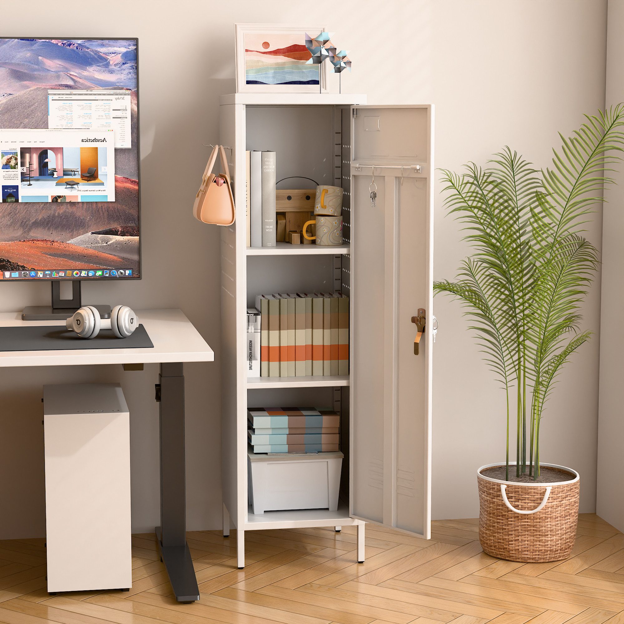 AOBABO Mehrzweckschrank Metallschrank mit Griffschloss und Haken, zum Zusammenbauen (1-St) 138x38x38 cm, Stauraumschrank für Umkleide & Garage