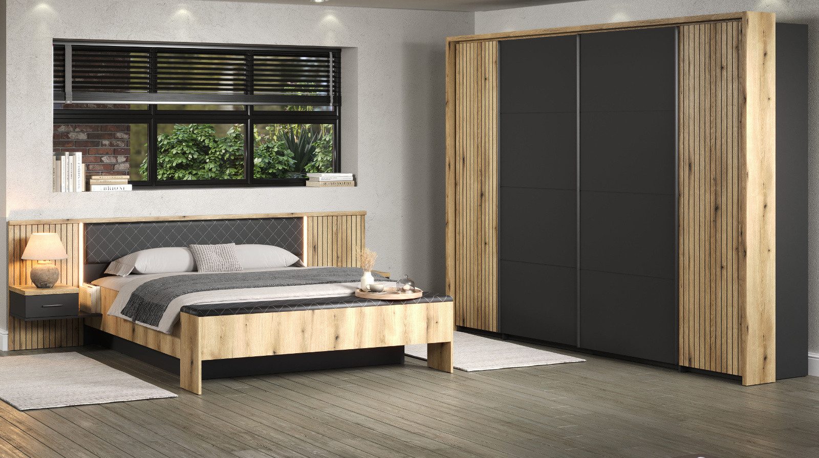 Furn.Design Komplettschlafzimmer Avila, (Set mit Bettanlage (180x200), Nachtschränken und Kleiderschrank), inklusive LED Beleuchtung
