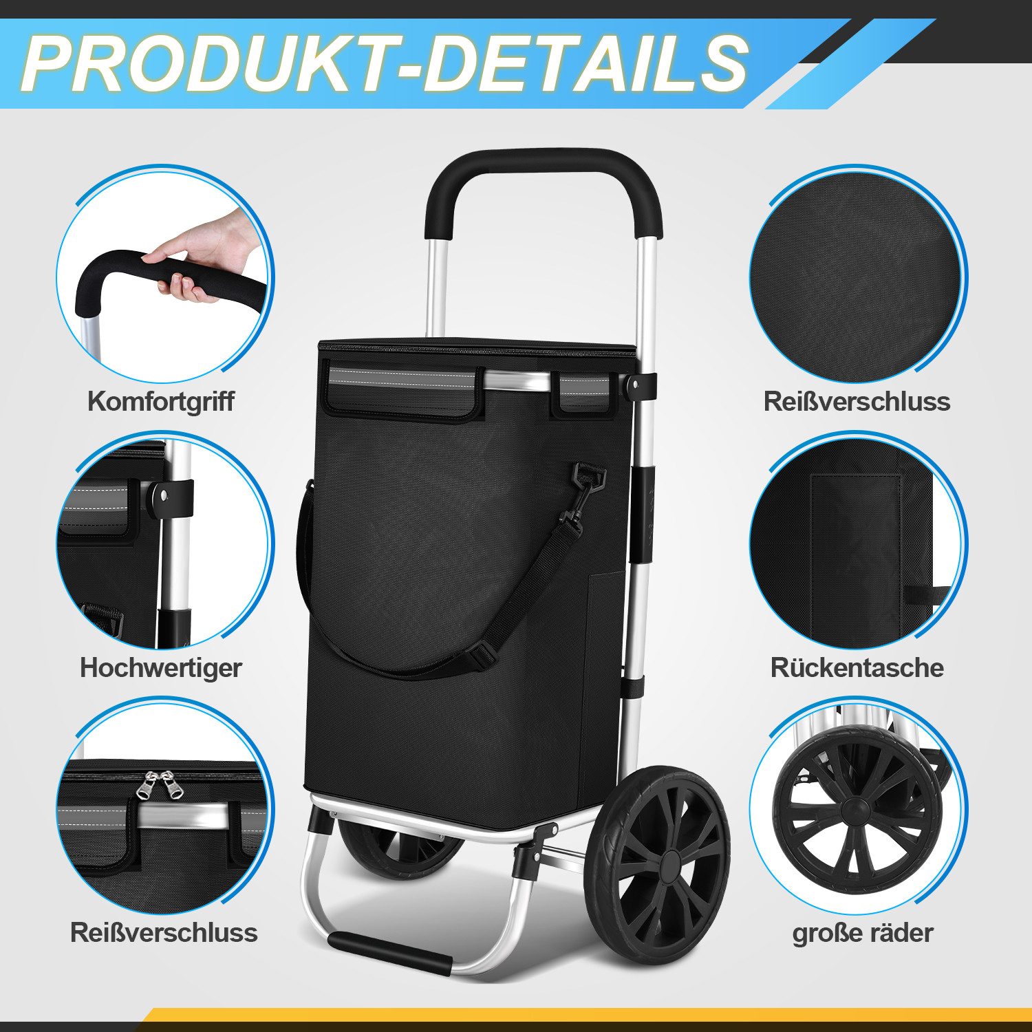 Clanmacy Einkaufstrolley Einkaufswagen klappbar Leicht mit 40L Große Kapazität Thermo Tasche, 40L, klappbar & rollbar, bis 40 kg