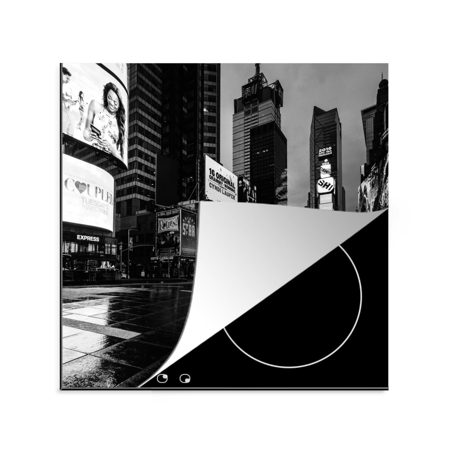 MuchoWow Herdblende-/Abdeckplatte Schwarzes und weißes Quadrat des Times Square, Vinyl, (1 tlg), 78x78 cm, Ceranfeldabdeckung, Arbeitsplatte für küche