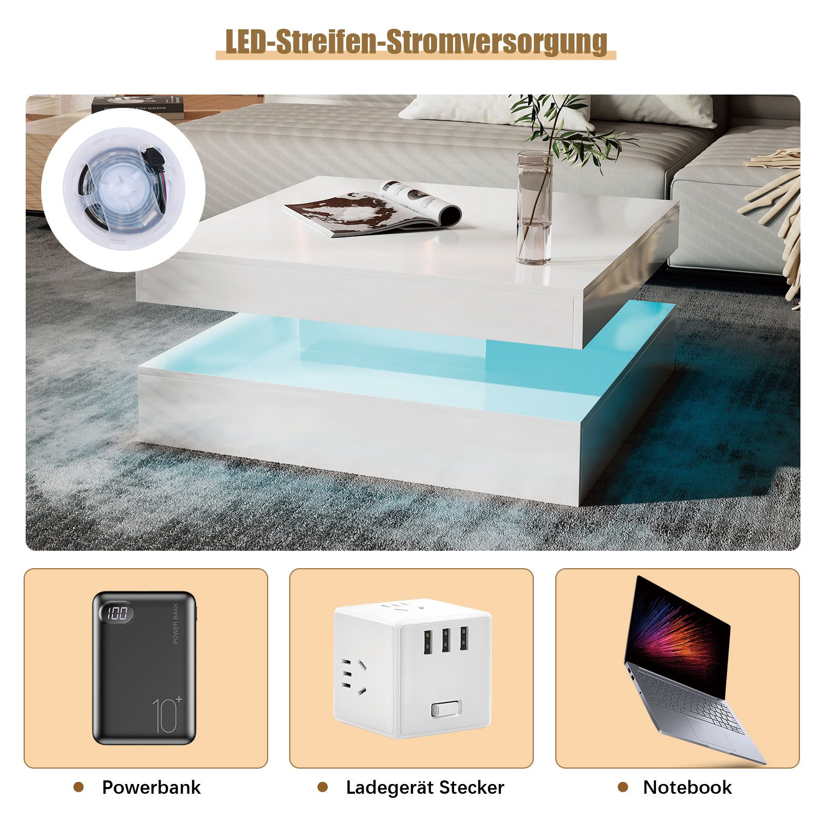 radelldar Couchtisch Quadratisch LED-Beleuchtung 2-in-1 (1-St), Moderner Wohnzimmertisch 78x78 cm mit Fernbedienung – Bild 5 von 5