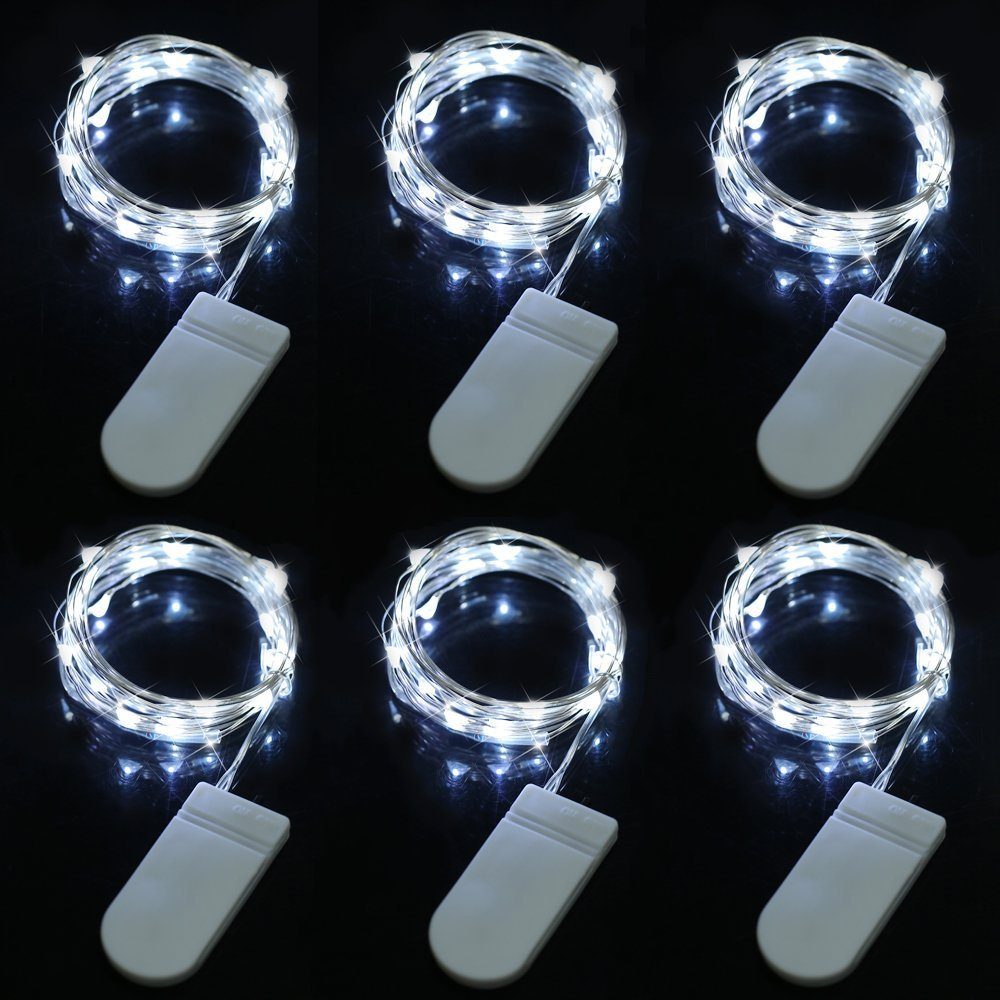 Sunicol LED-Lichterkette Silberdraht, Batterie Packungen, 2M, Weiß wasserdicht, je 6