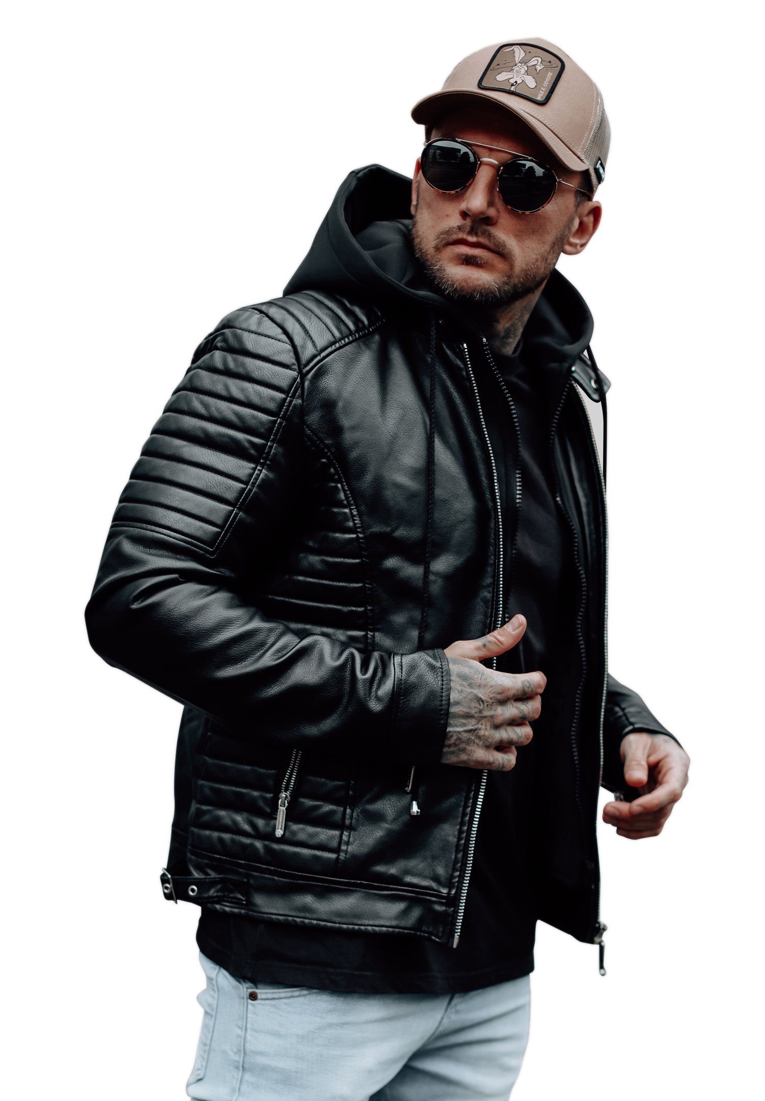 behype Lederimitatjacke MJGLENDALE im Biker-Stil mit abtrennbarer Kapuze