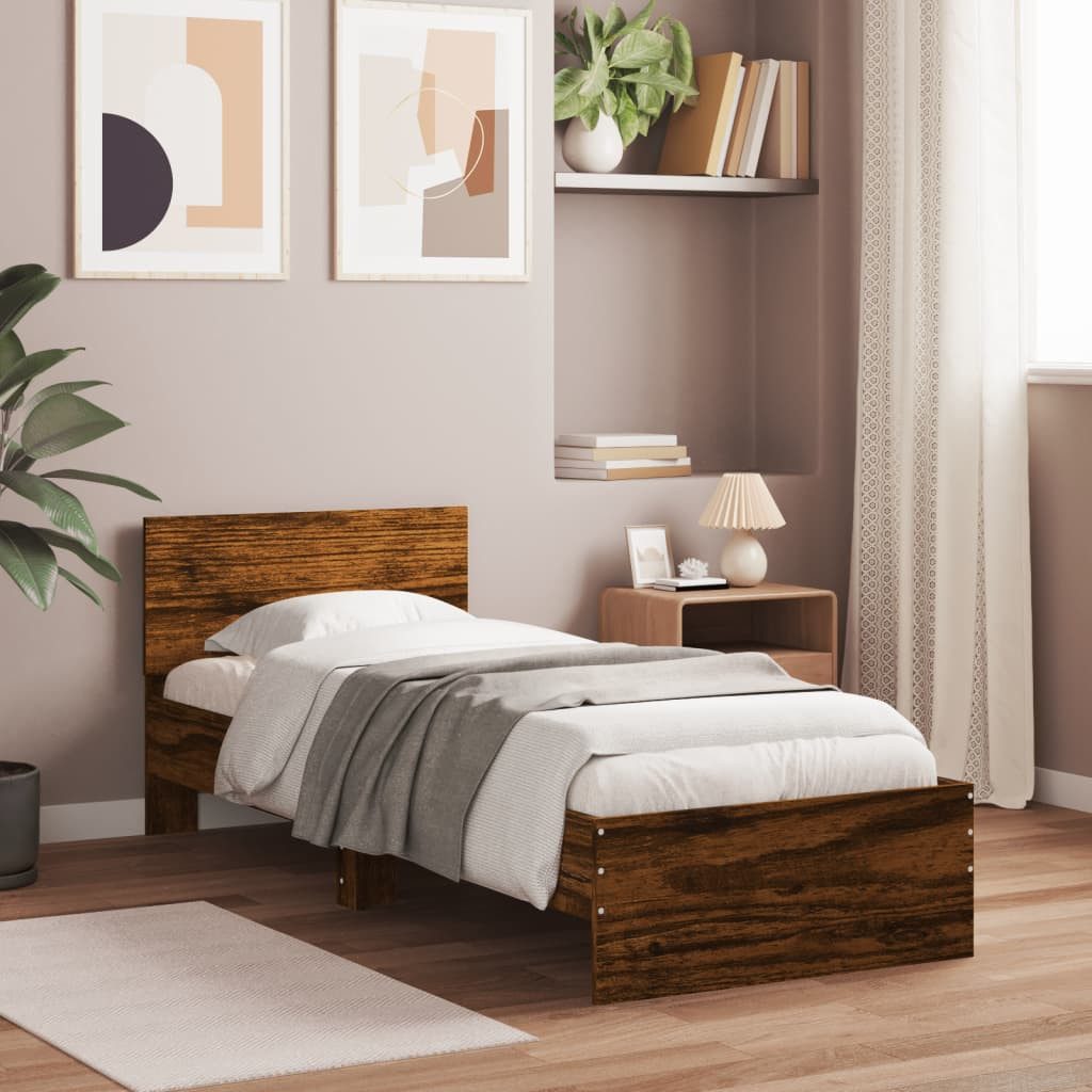 furnicato Bettgestell mit Kopfteil 193x95x70 cm in Räuchereiche, Massivholz (1-tlg), Stabiles Einzelbett mit Sperrholzlatten und bequemer Rückenstütze
