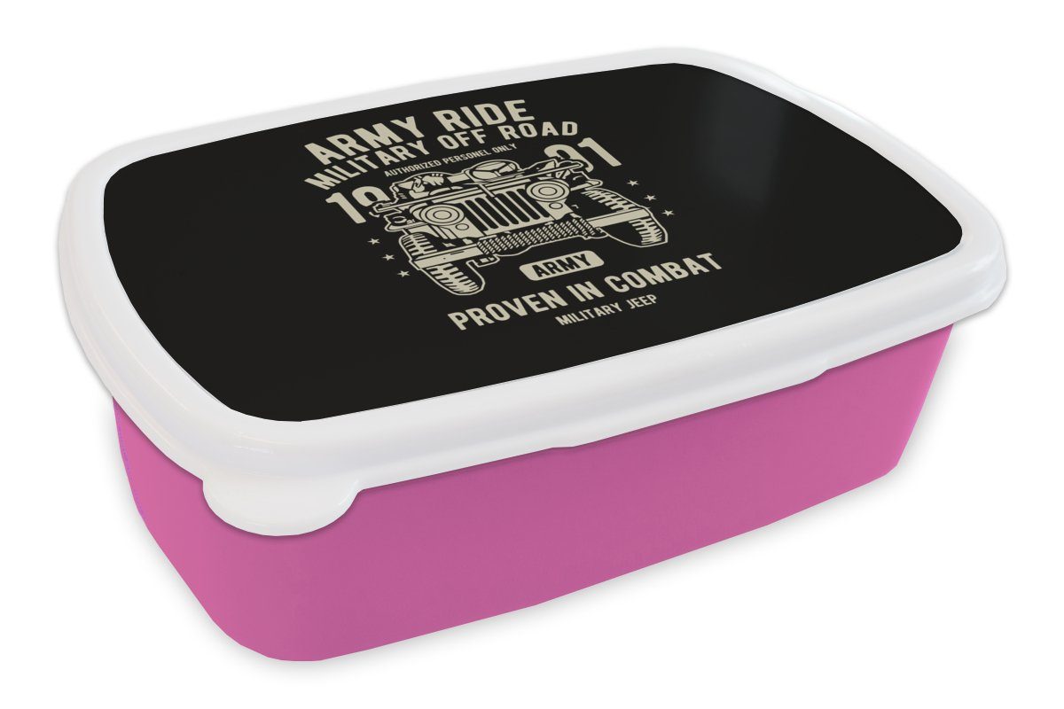MuchoWow Lunchbox Mancave - Armee - Auto - Oldtimer, Kunststoff, (2-tlg), Brotbox für Erwachsene, Brotdose Kinder, Snackbox, Mädchen, Kunststoff rosa