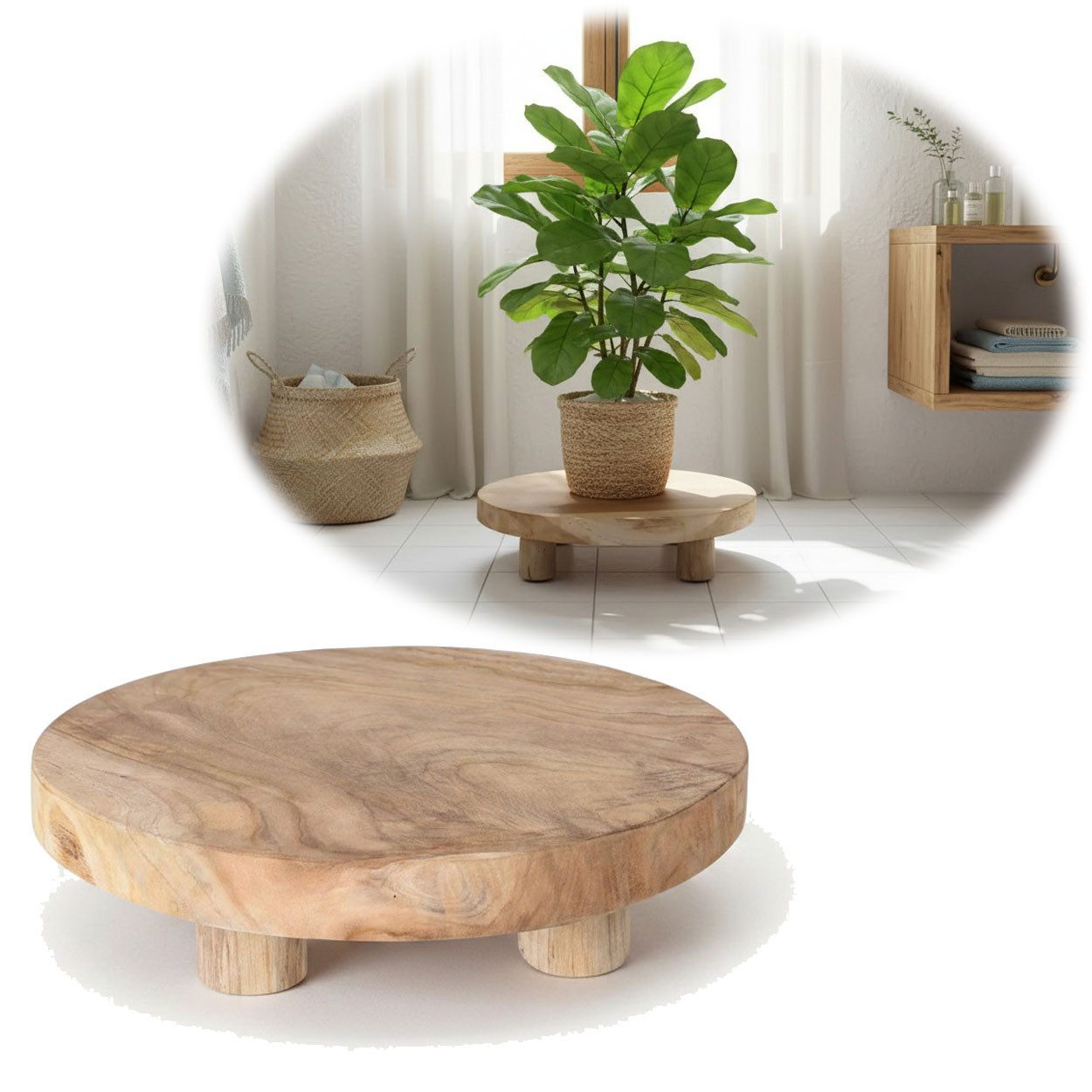 LS-LebenStil Blumenständer Pflanzenhocker Teak Holz XL 30x8cm Rund Mini Tisch Deko Tablett Blumen (Design Deko Hocker Teak Holz 18x15cm Mini Tisch rustikales Tischchen, 1 St., Braun 4 Füße kleiner Pflanzenständer Pflanzentisch Holzhocker Deko), FSC zertif