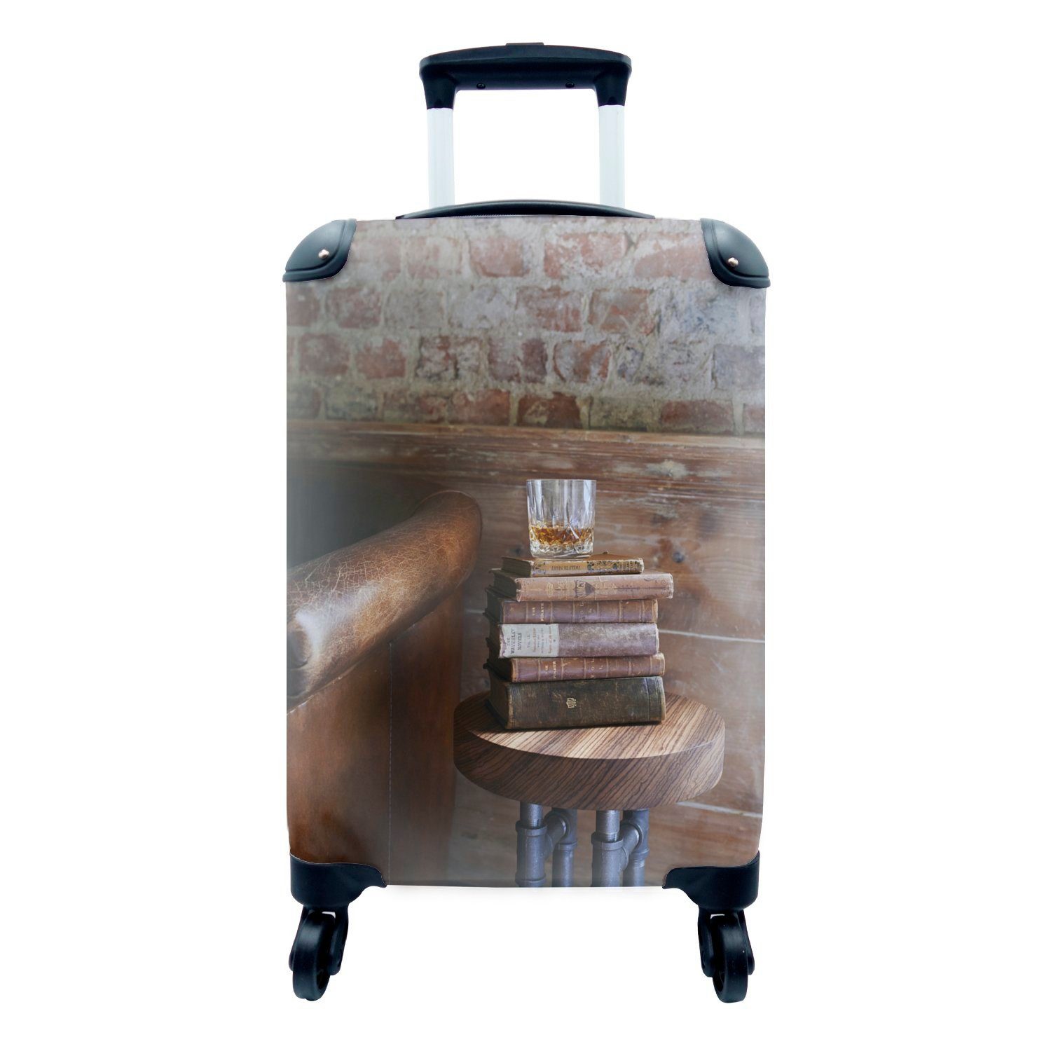 Bücher Handgepäck Glas Reisekoffer Handgepäckkoffer 4 mit Trolley, Reisetasche voll Ferien, mit einem Rollen, alter für rollen, Schnaps, Stapel MuchoWow