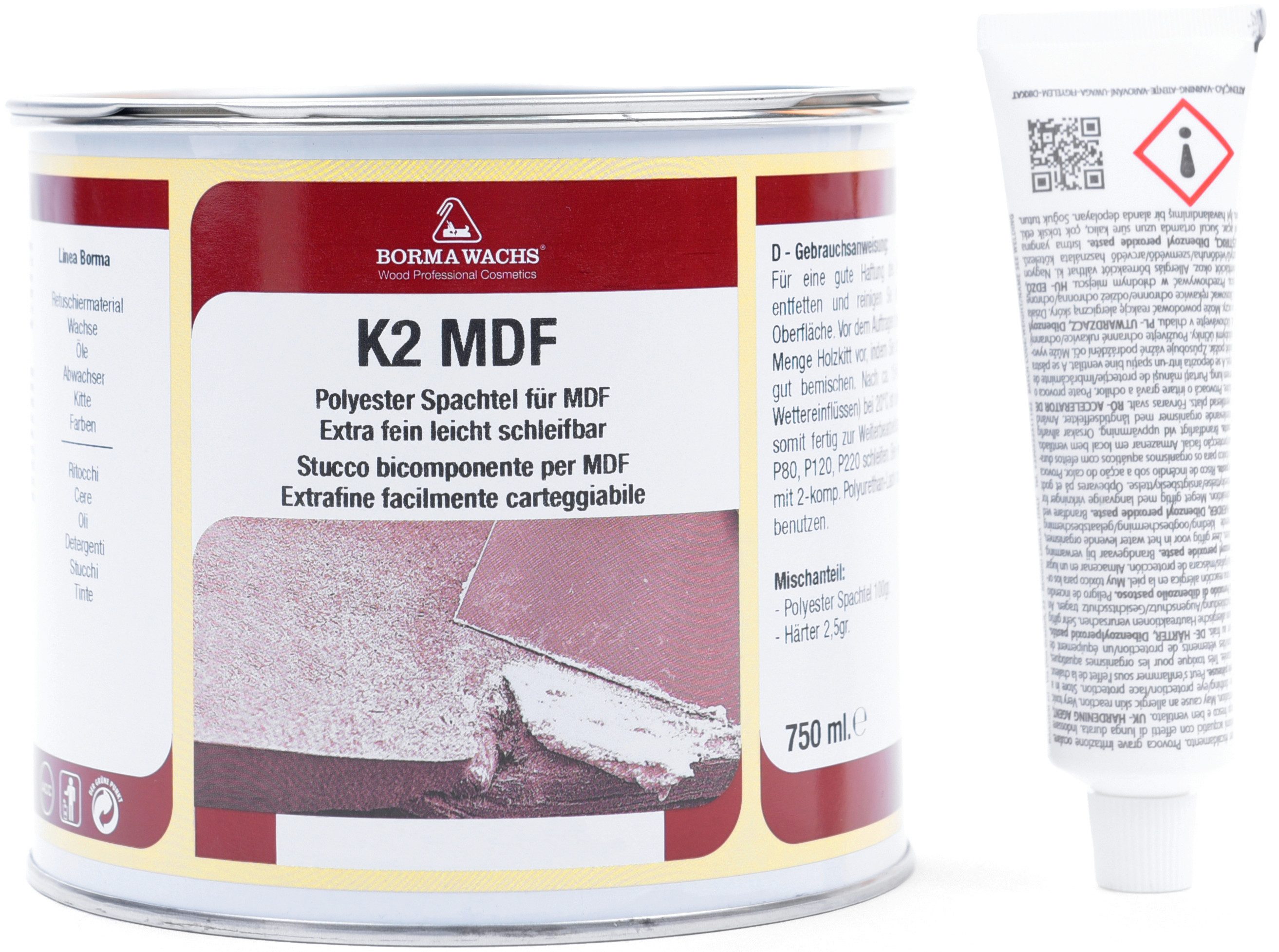 BORMA Spachtelmasse K2 MDF 750ml Mahagoni - 62, Schnelltrockned, 2K Holzmasse mit Härter