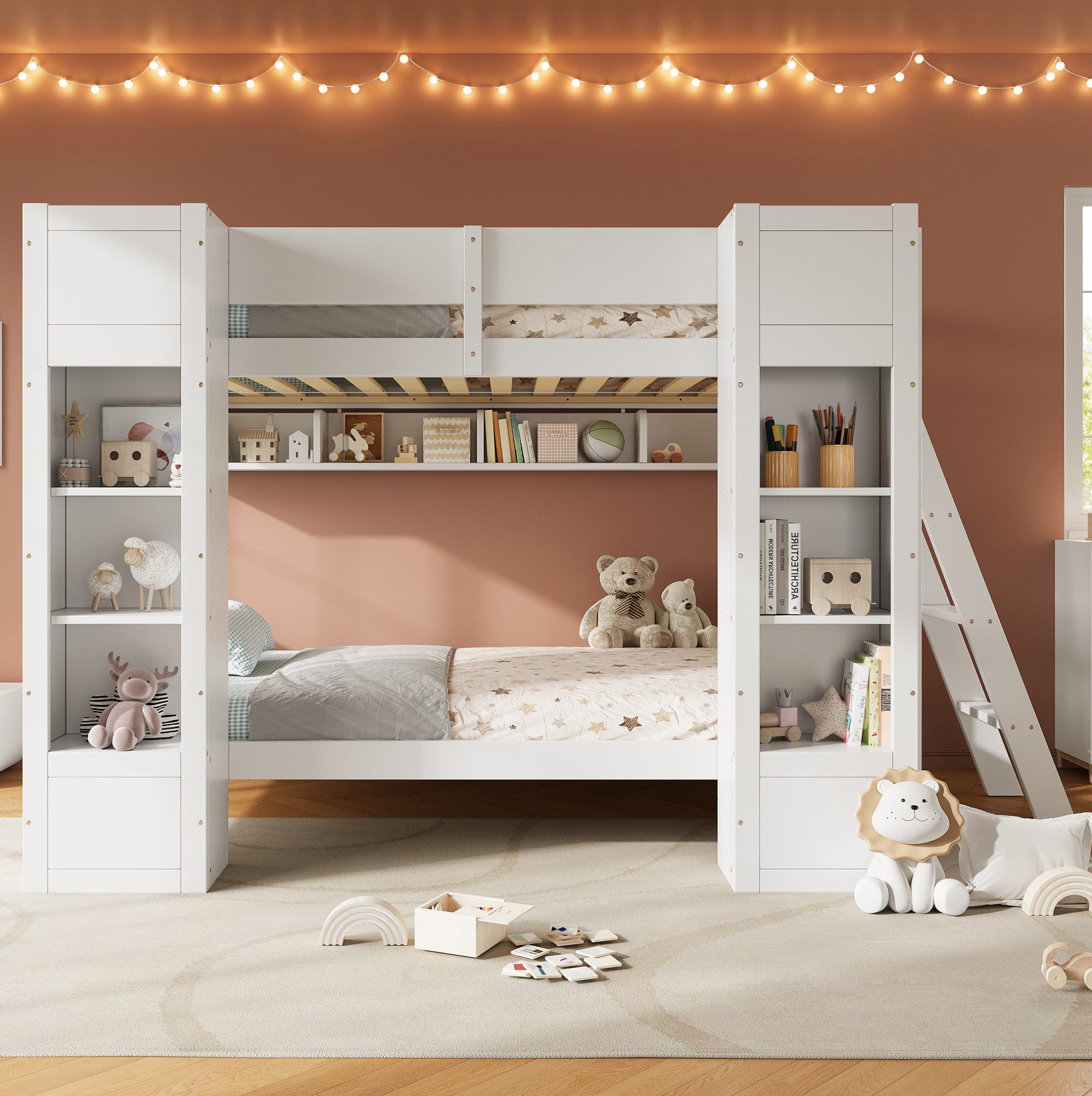 MODFU Etagenbett Jugendbett mit Aufbewahrung, zwei Schrankfächern (Gästebett 90X200 cm, mit Wandregal und Rausfallschutz, Holzbett), Kinderbett Stauraumbett, ohne Matratze