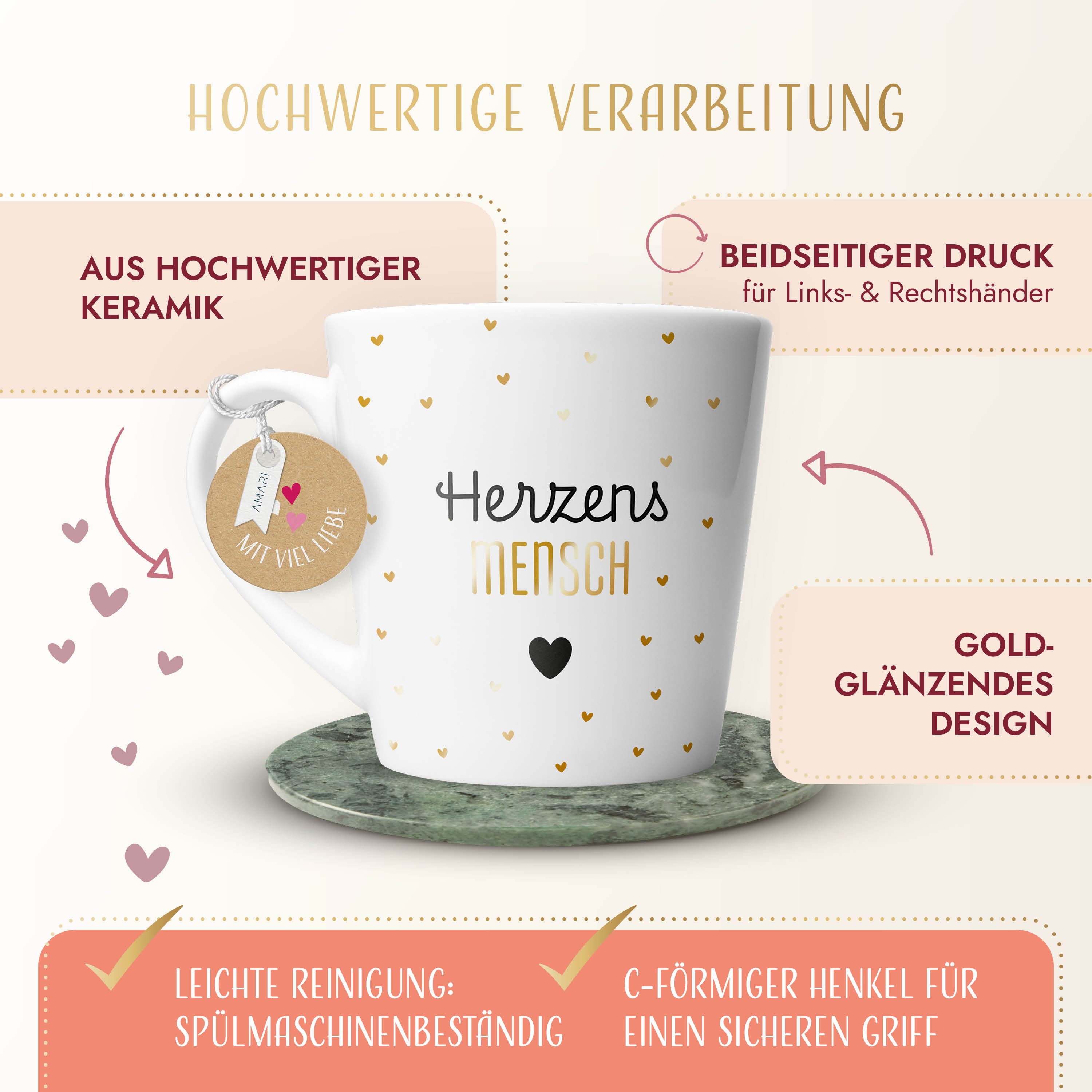 Amari Tasse Herzensmensch hochwertige Goldveredelung (Nr. 21) Geschenkidee, Kaffeetasse Teetasse Bürotasse 330 ml für Freundin, Kollegin, Partner