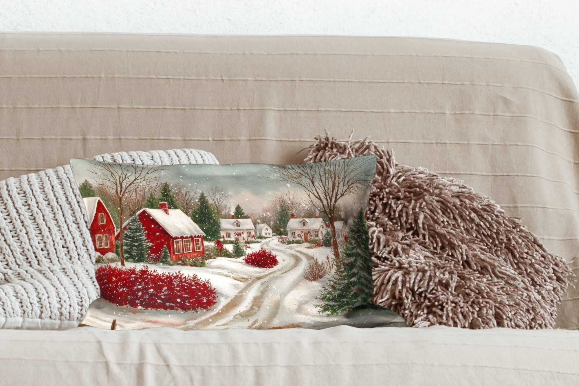 MuchoWow Dekokissen Weihnachtsstimmung - Ländlich - Rot, Zierkissen mit Füllung für Wohnzimmer, Sofakissen, 40x40 cm – Bild 3 von 5