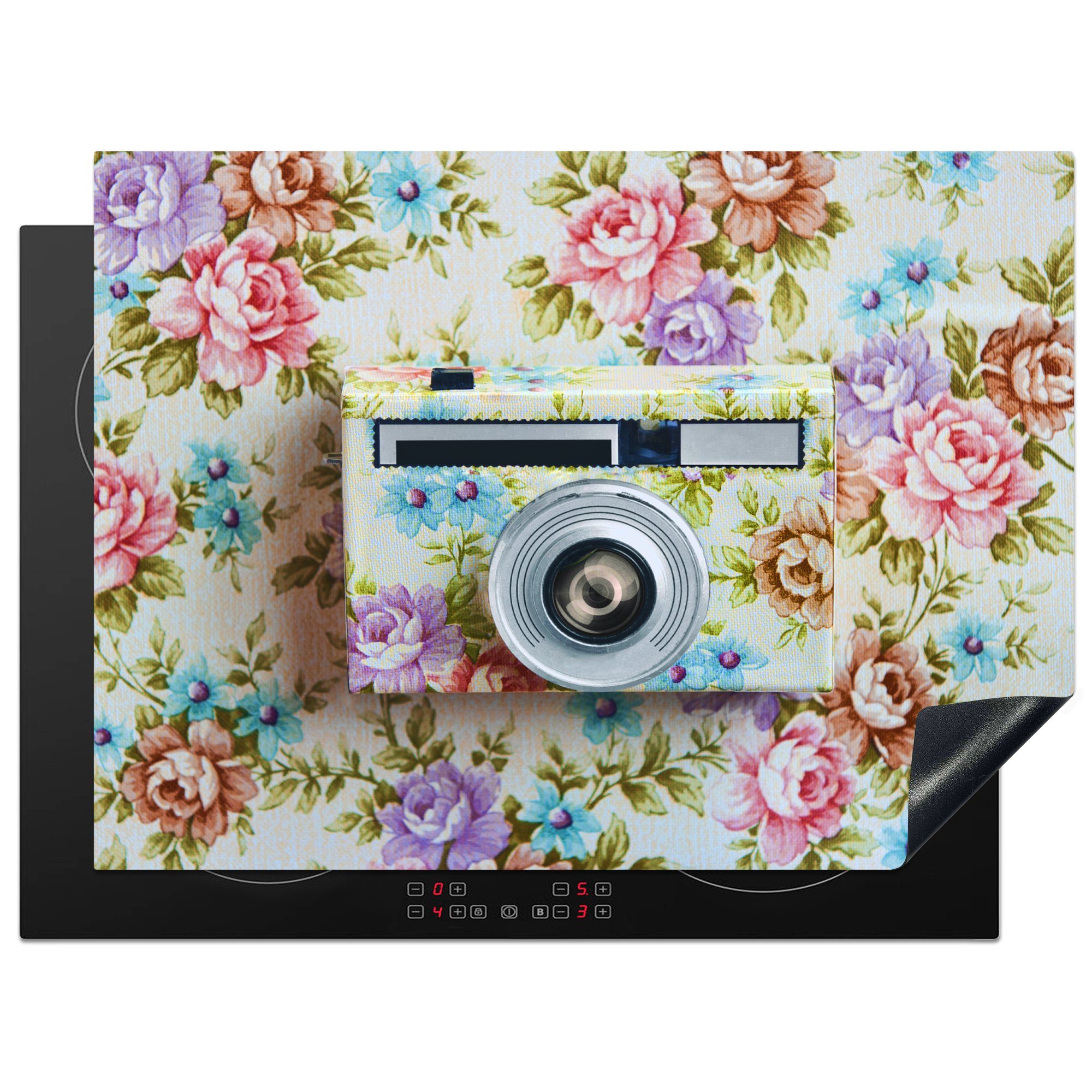 MuchoWow Herdblende-/Abdeckplatte Kamera - Camouflage - Blumen, Vinyl, (1 tlg), 70x52 cm, Mobile Arbeitsfläche nutzbar, Ceranfeldabdeckung