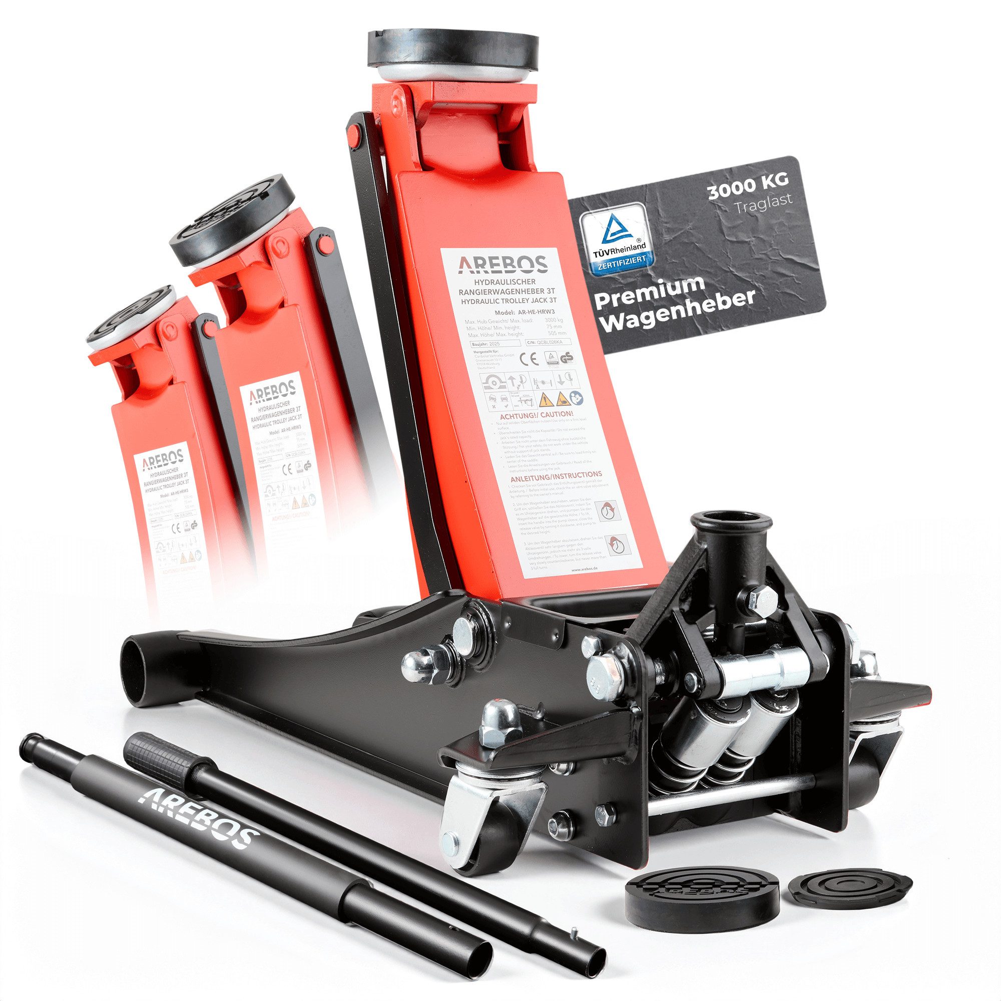 Arebos Тележка домкрат 3T flach max. Hubhöhe 85-500 mm Hydraulikheber 3x Gummiauflage, max. Hubhöhe: 50,5 cm