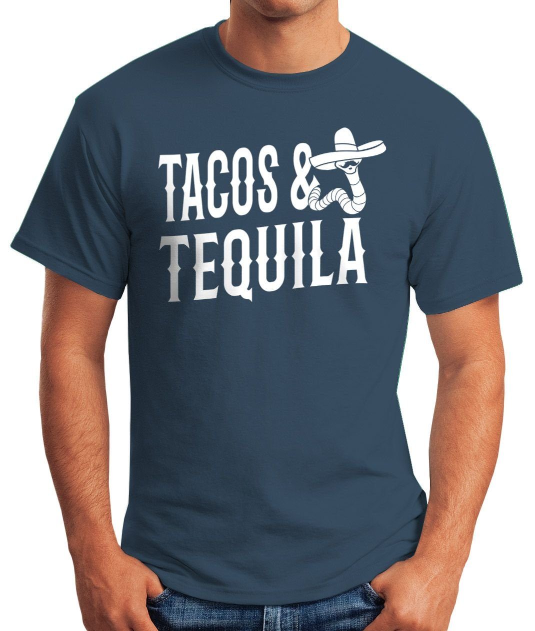 MoonWorks Print-Shirt Herren T-Shirt Tacos & Tequila Wurm Sombrero Tequilla Mexikanisch Moonworks® mit Print