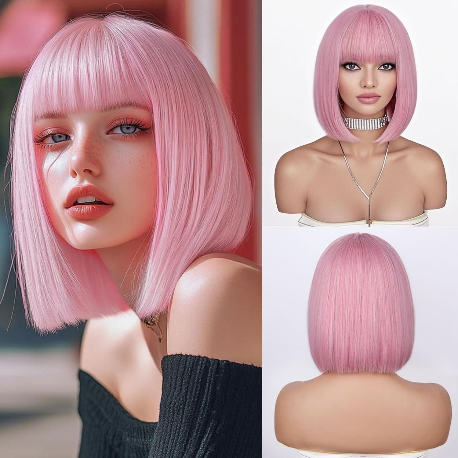 LuxusKollektion Kunsthaarperücke Perücken Bob Pony Kurz Blond Damen Synthetisch Pink