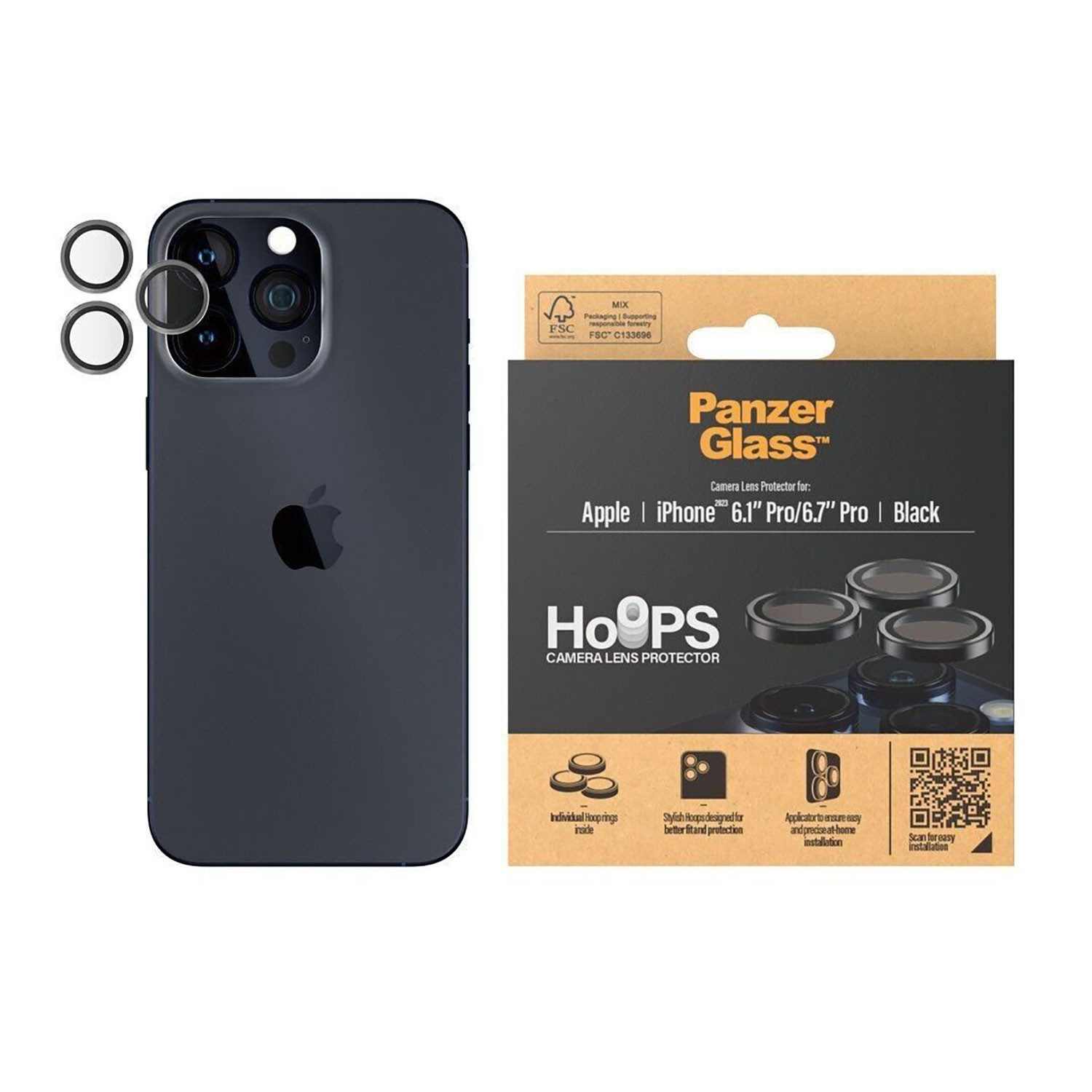 PanzerGlass Schutzfolie Hoops Schwarzes Metall Kameraschutz, (Objektivschutz - Glas, 1-St), Kratzfest, Fallschutz, schlagfest, resistent gegen Fingerabdrücke