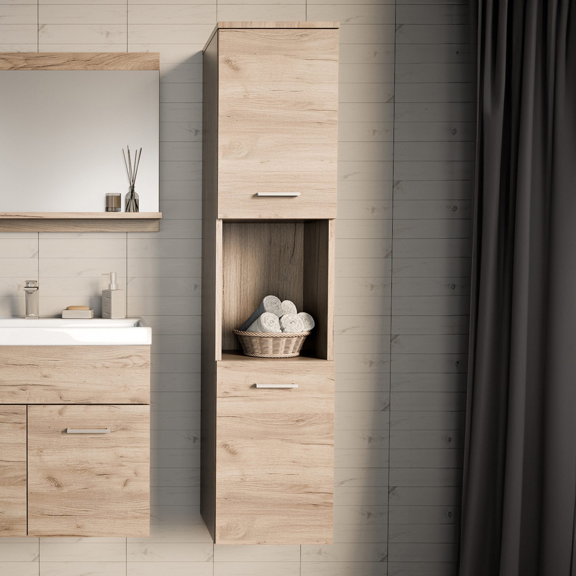 en.casa Hochschrank »Krildihana« mit 2 Türen wandmontiert 131x30x30 cm Eicheoptik