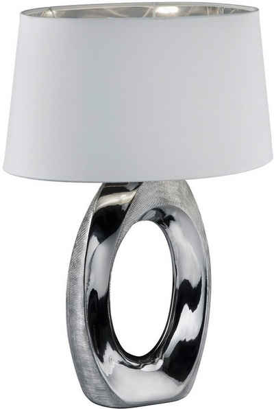 TRIO Leuchten Schreibtischlampe Taba, E27 Tischleuchte mit Keramikfuß und weiß-silberfarbigem Stoffschirm