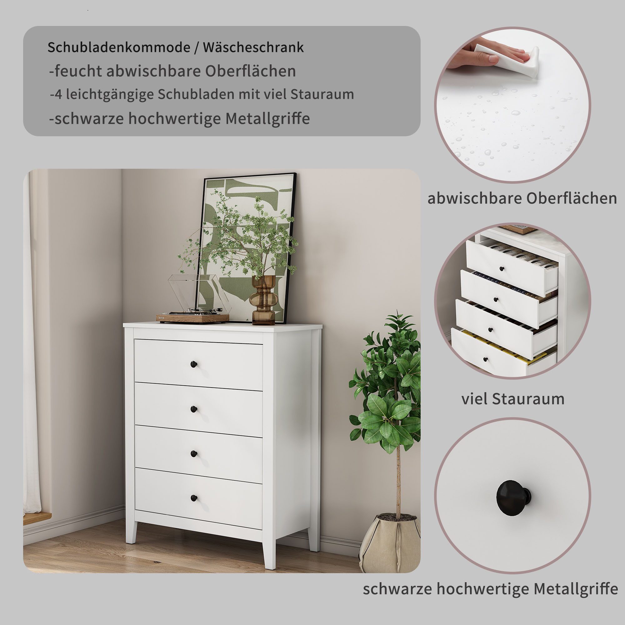 OTTO home Schubkastenkommode Borkum Sideboard Anrichte mit 6 Schubladen Landhaus weiß (hochwertige schwarze Griffe aus Metall), Kommode Schrank Wäscheschrank mit 4 Schubladen