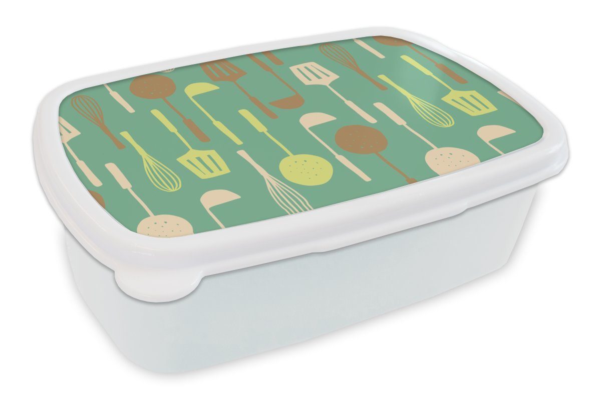 MuchoWow Lunchbox Spatel - Löffel - Muster - Küche, Kunststoff, (2-tlg), Brotbox für Kinder und Erwachsene, Brotdose, für Jungs und Mädchen weiß