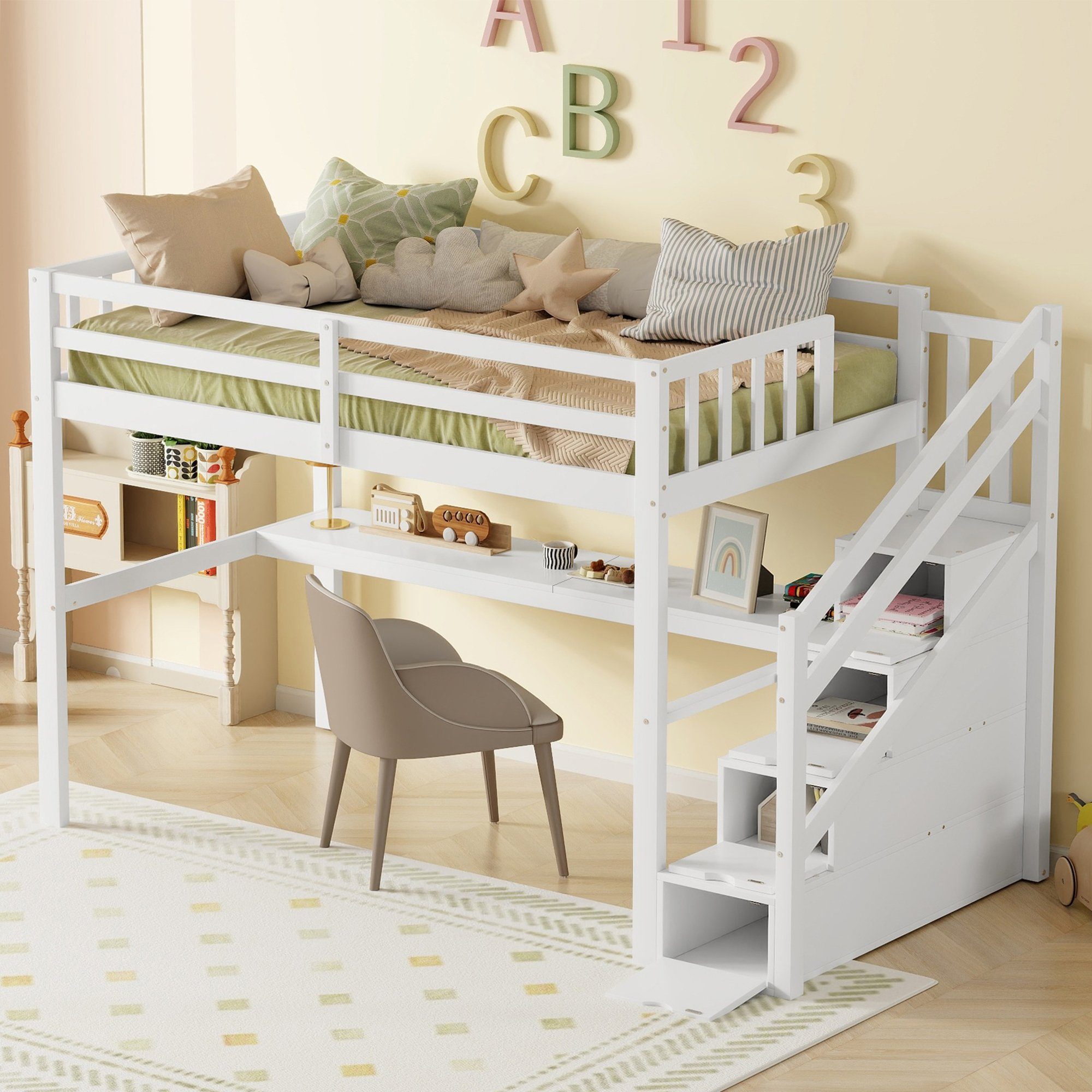 SOFTWEARY Hochbett mit Lattenrost und Treppe (90x200 cm) Kinderbett mit Rausfallschutz, Holzbett