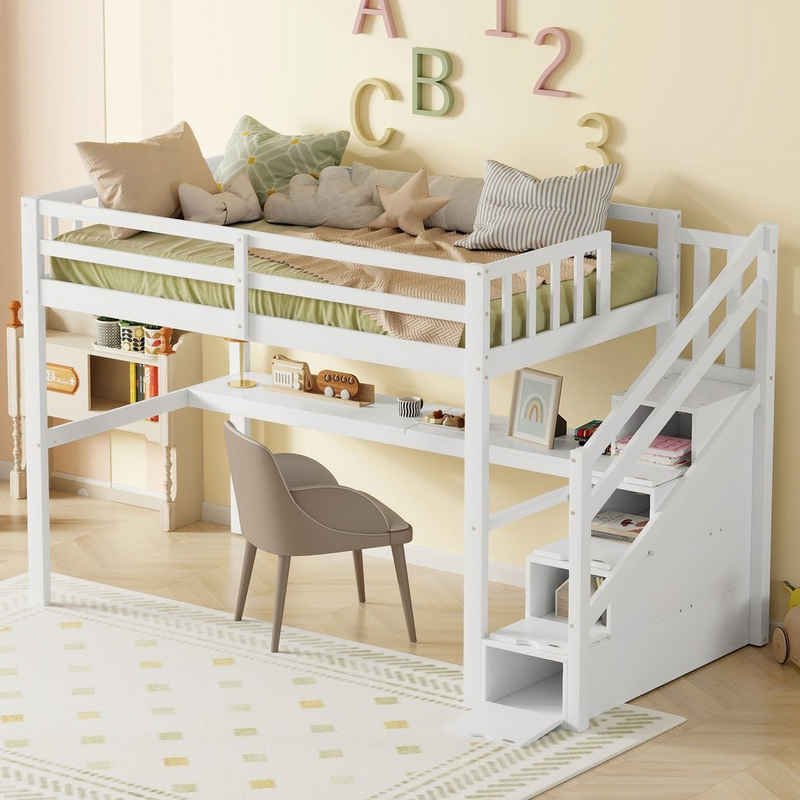 SOFTWEARY Hochbett mit Lattenrost und Treppe (90x200 cm) Kinderbett mit Rausfallschutz, Holzbett