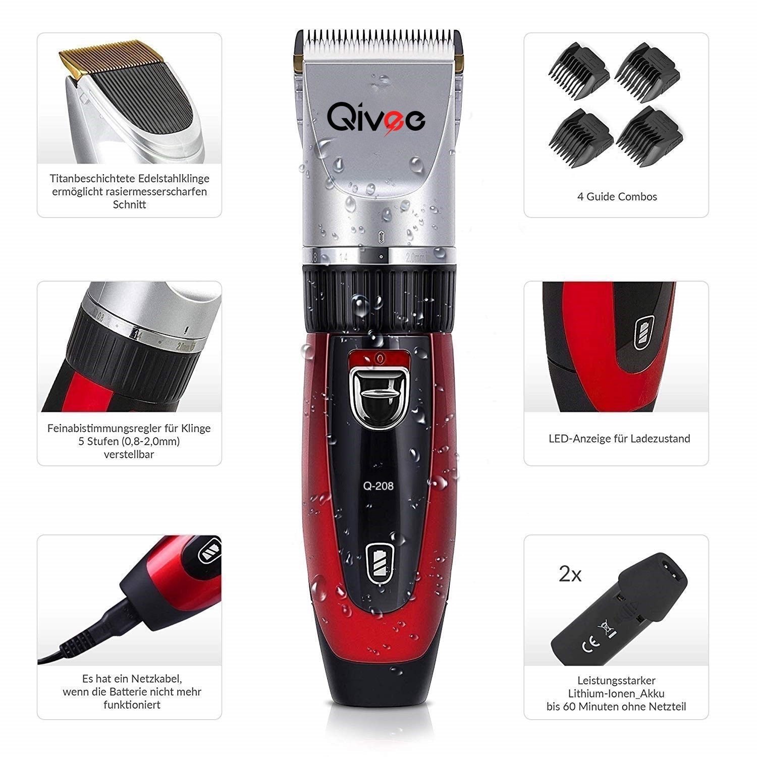 Qivee Haar- und Bartschneider Q-208, Haarschneider, 2x Akkus, Ladegerät, 4x Aufsätze, Pflegeöl, Bürste, Salon-Erlebnis zuhause