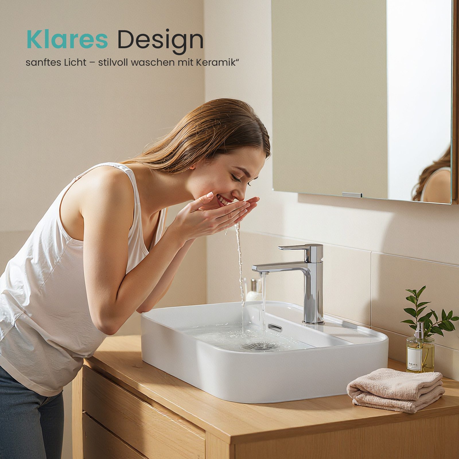 EMKE Aufsatzwaschbecken Eckiges Keramik KeramikAufsatzwaschbecken Hängewaschbecken 60cm x 40cm (Packung), mit hahnloch aufsatzwaschbecken groß - 50x40cm Weiß