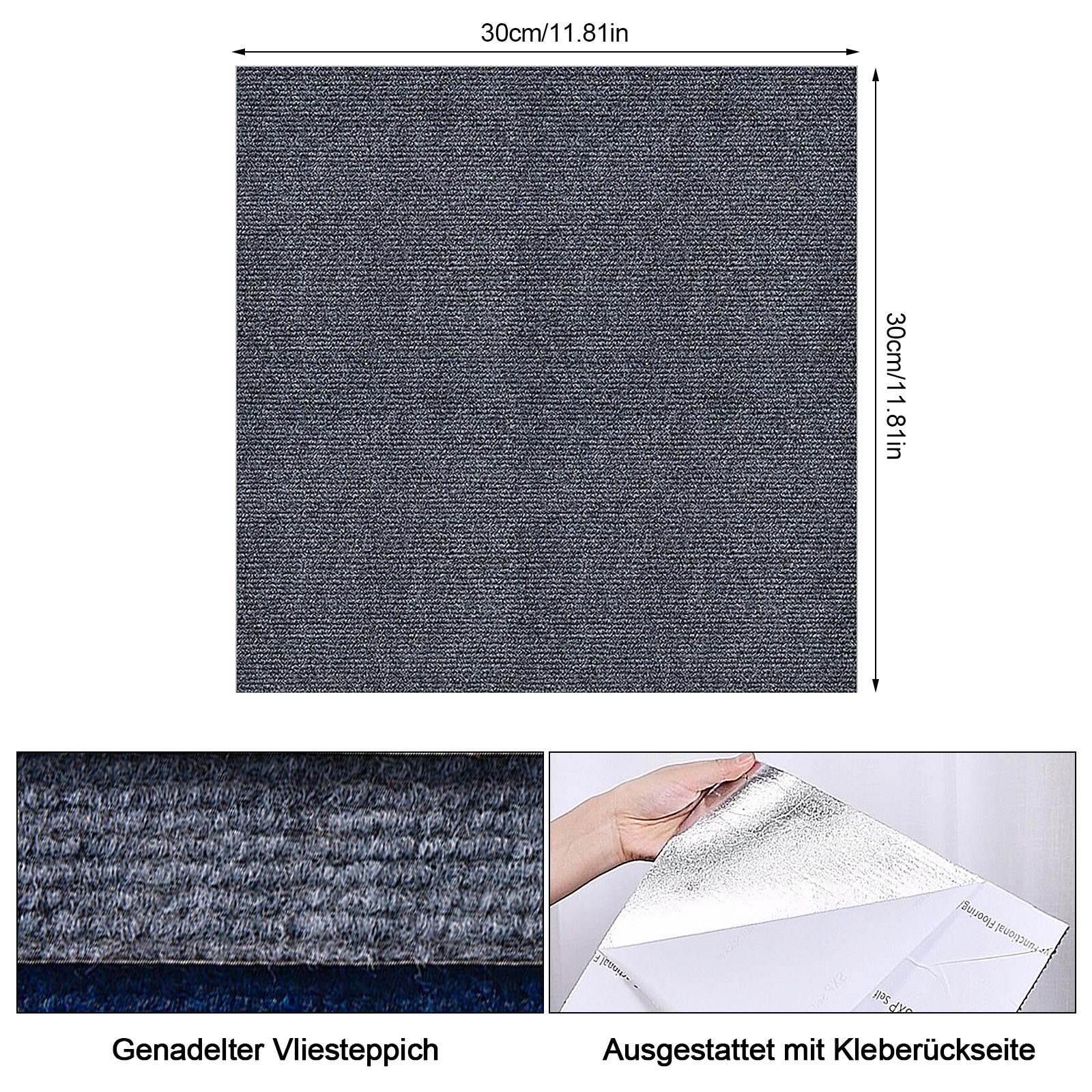 atmungsaktiv TWSOUL, dunkelgrau umweltfreundlich Selbstklebendes und Teppichfliese Trägermaterial, 11Stück/Set30cm*30cm Flickenteppiche,