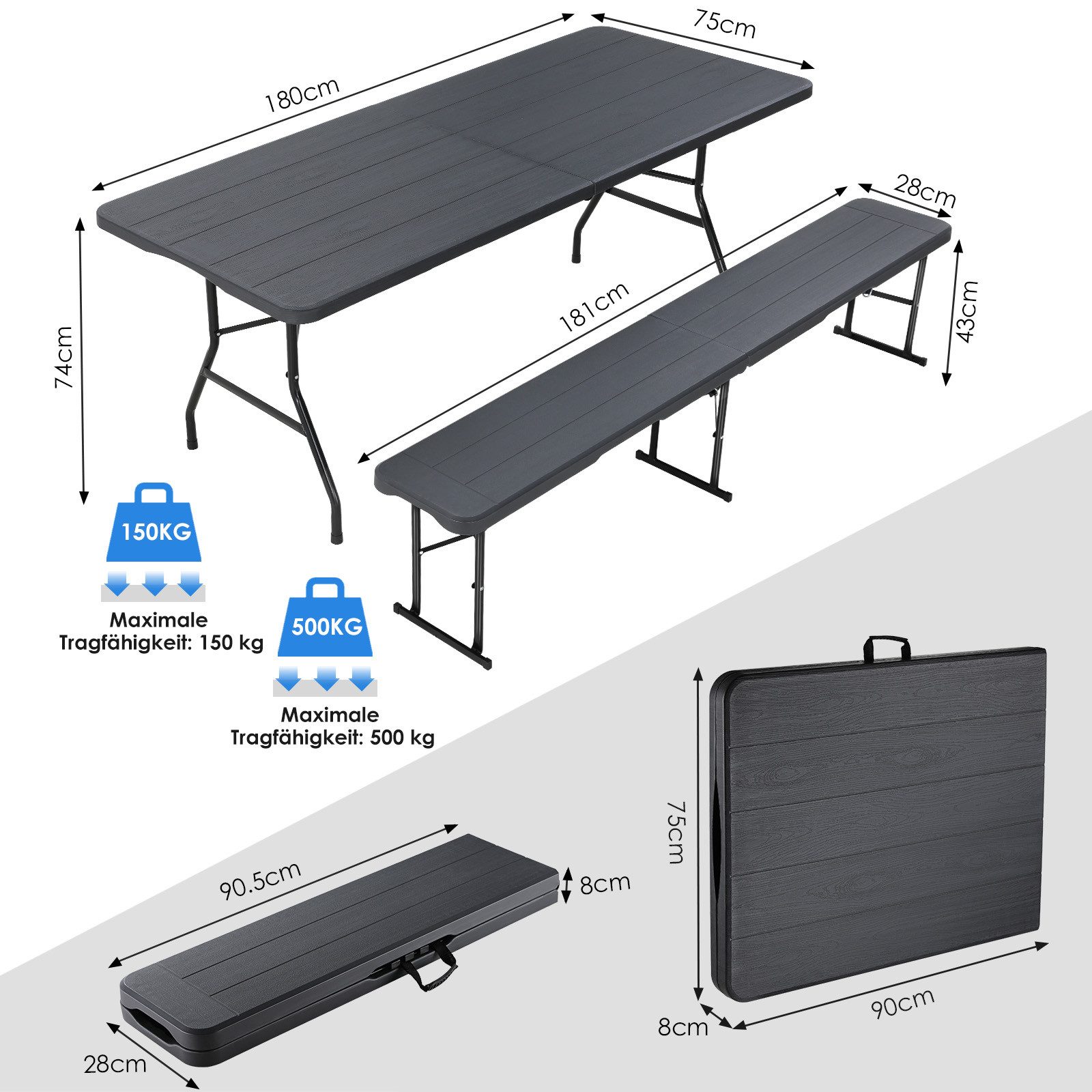 TLGREEN Bierzeltgarnitur Klappbar 3-teilig, 1 Biertisch + 2 Bierbank, (Wetterfest Gartenmöbel Set mit Tragegriff, HDPE+Stahlrohr Campingtisch Outdoor), für Grillveranstaltung/Camping/Gartenparty (Bis zu 10 Personen)