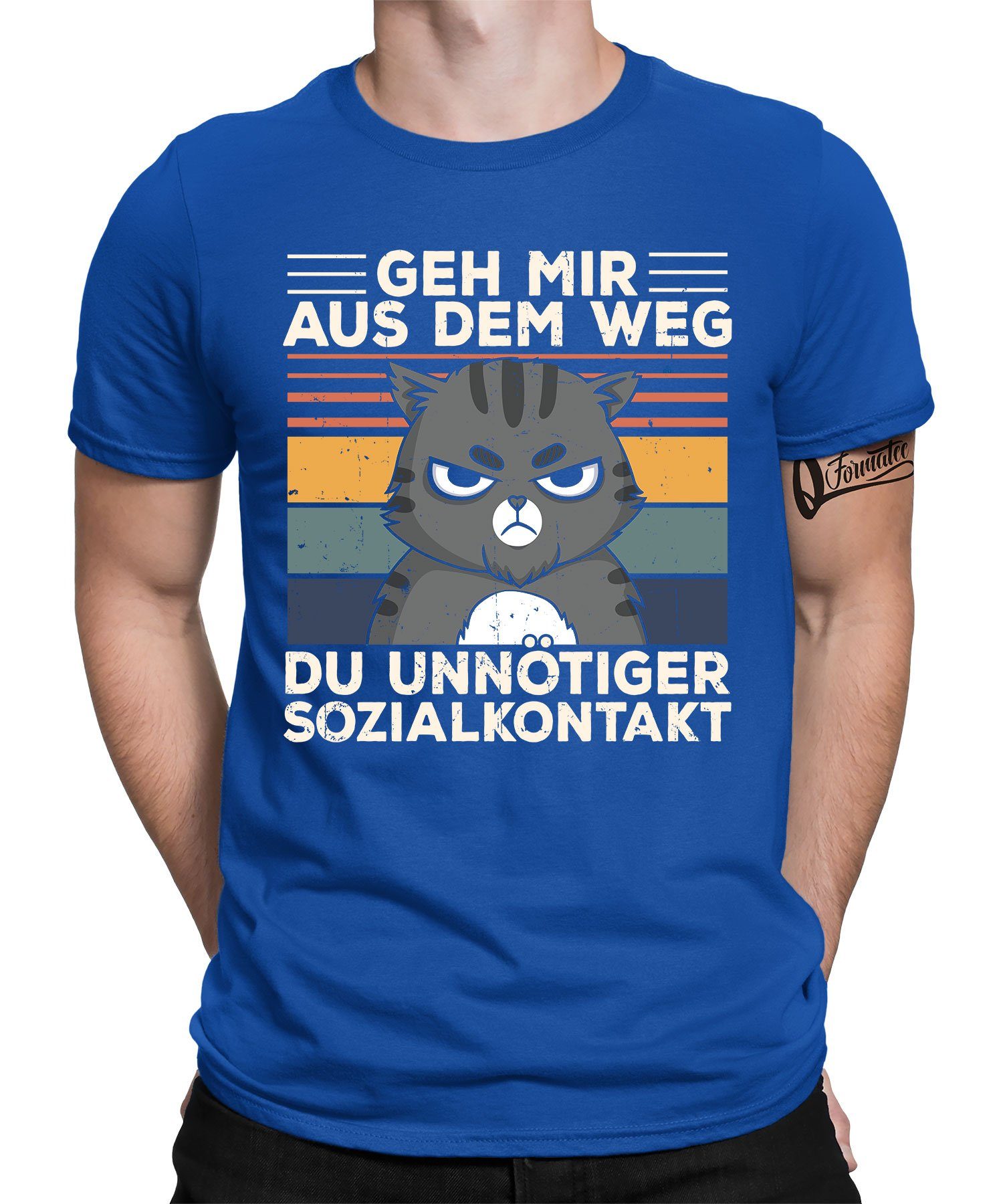 Quattro Formatee Kurzarmshirt Katze Unnötiger Sozialkontakt - Lustiger Spruch Statement Herren T-Shi (1-tlg) Blau