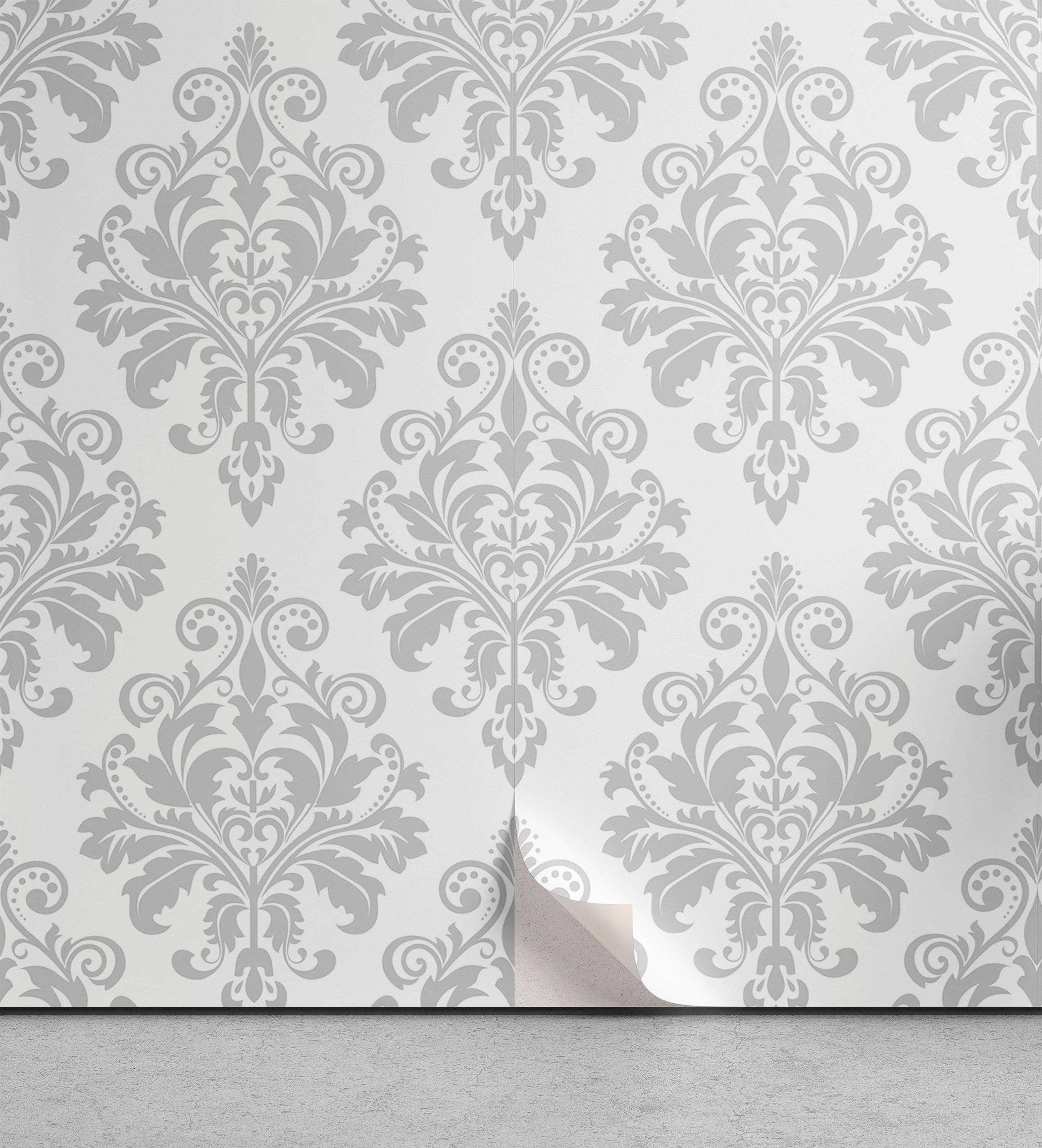 Abakuhaus Vinyltapete selbstklebendes Wohnzimmer Küchenakzent, Damast-Grau Barock Botanik wirbelt | Vinyltapeten
