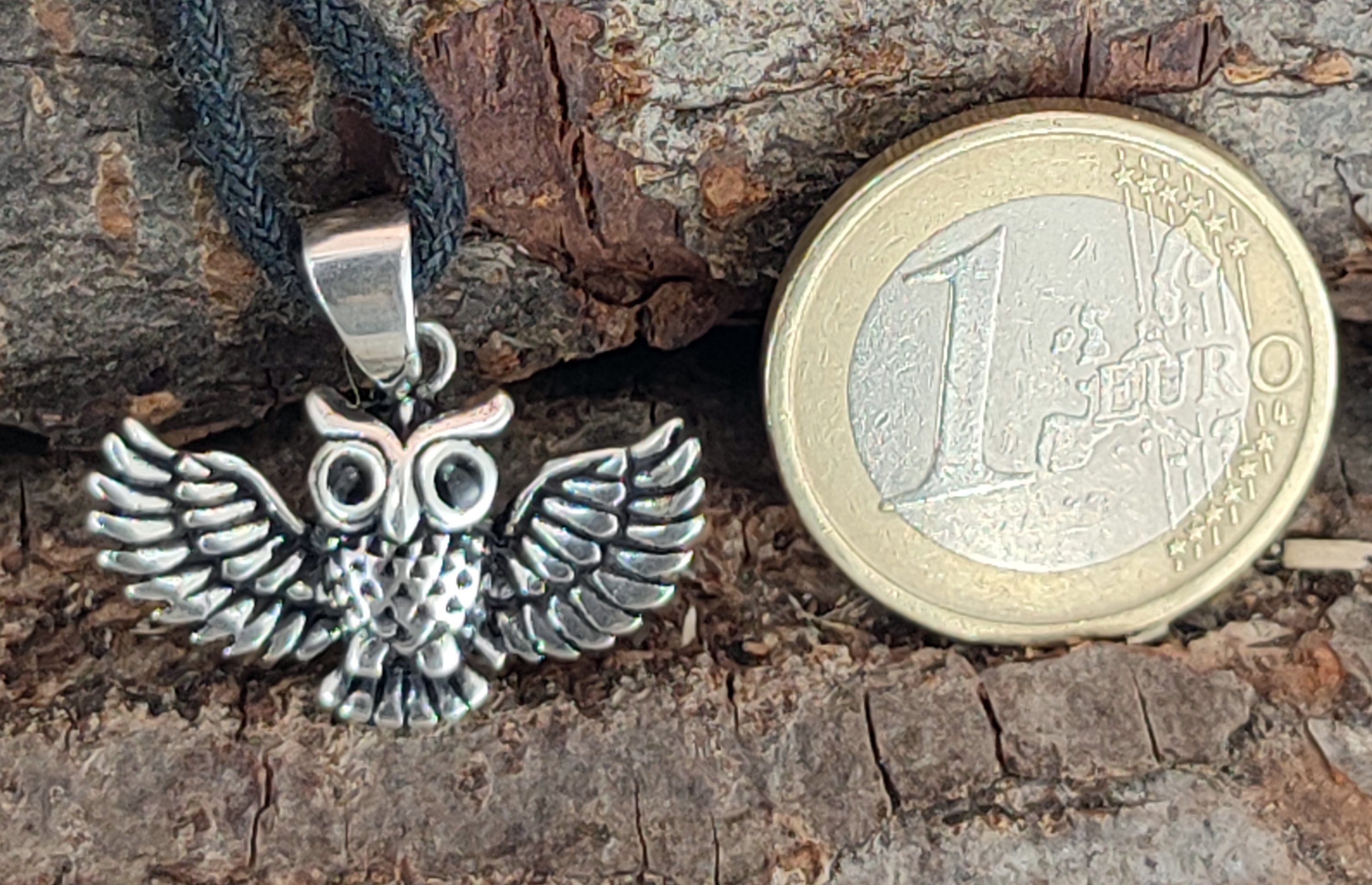 of Silber Flug schwarze Eule Kettenanhänger Uhu Kiss Leather 925 im Sterling Augen