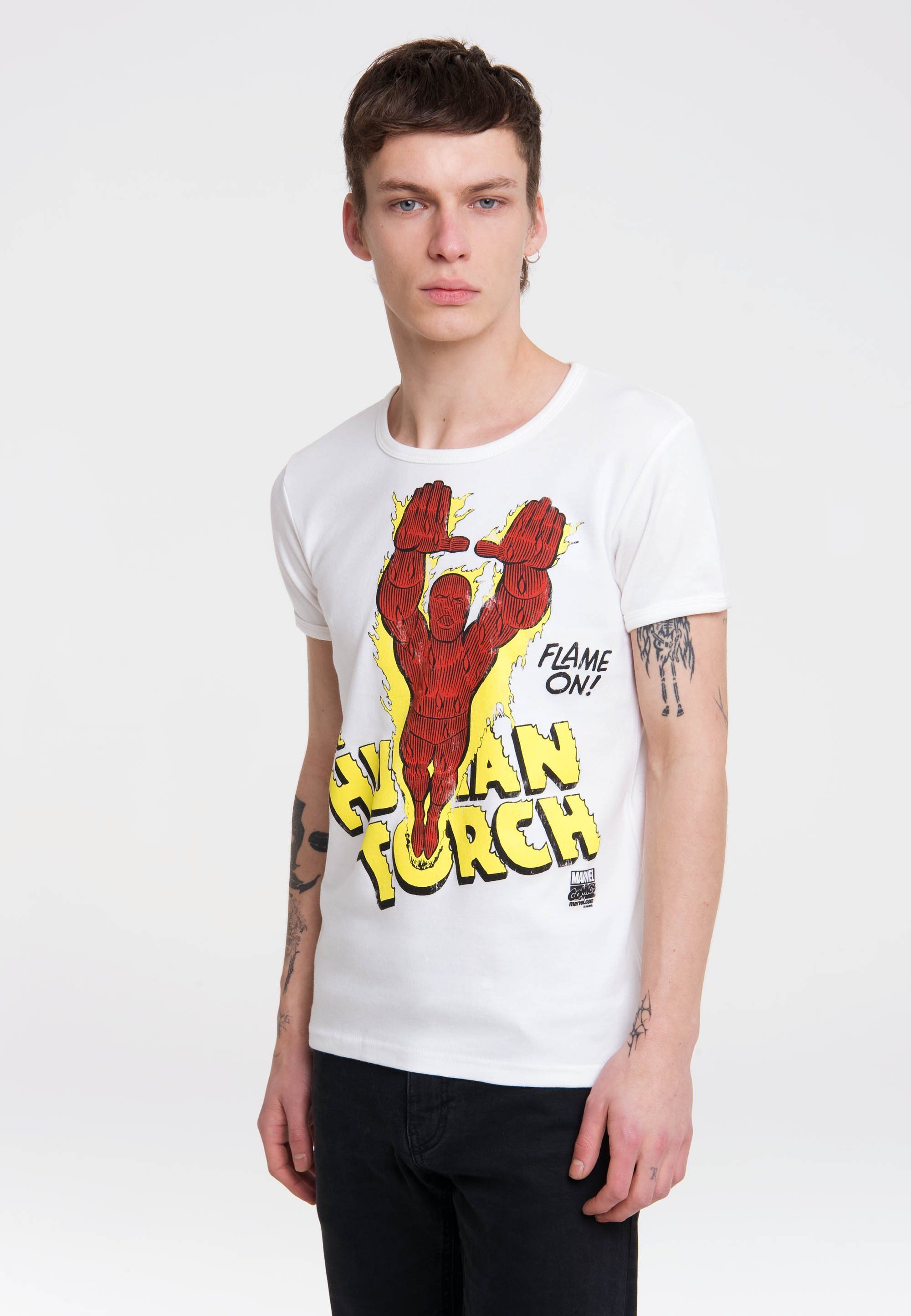mit Flame coolem LOGOSHIRT T-Shirt On Heldenmotiv Torch Human